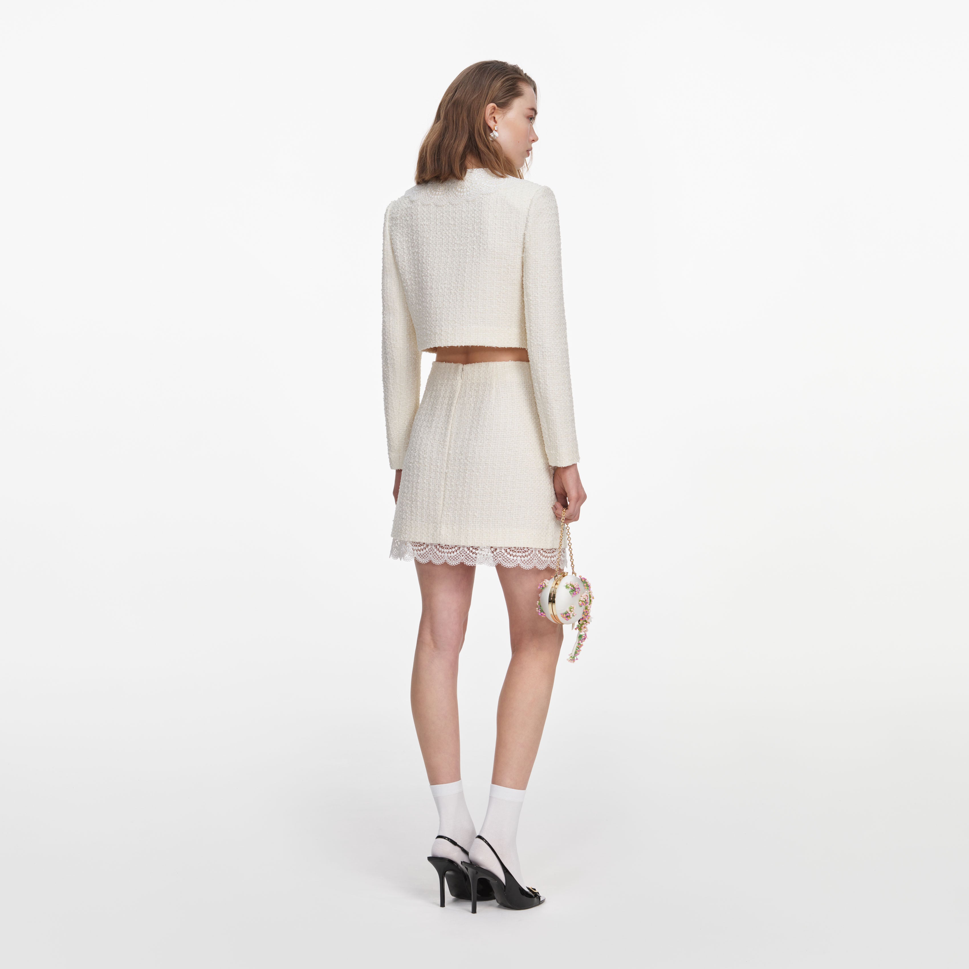 Self Portrait Cream Boucle Lace Minirock Creme UK 8 A-Linie