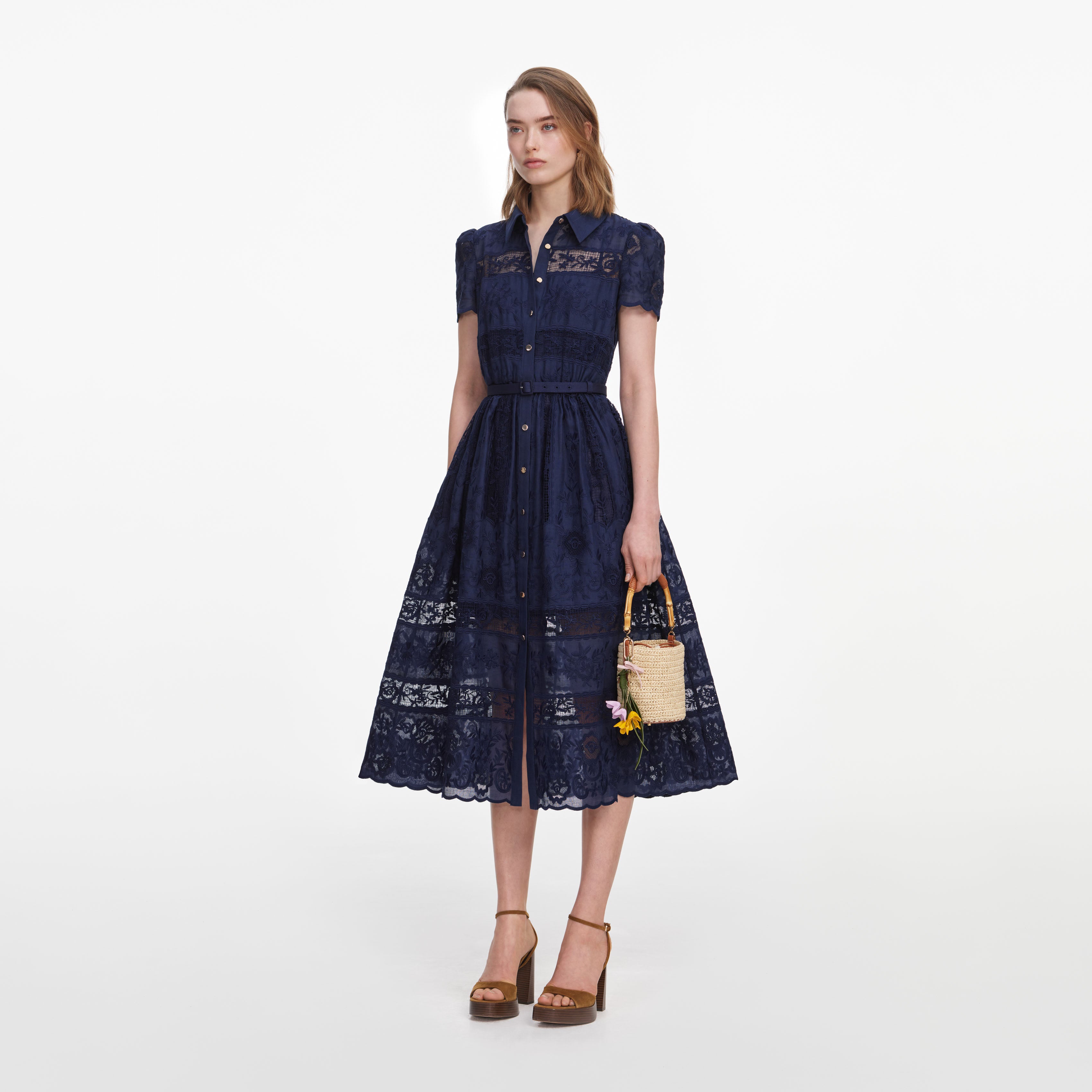 Self Portrait Navy Ramie Hemd-Midikleid Navy Spitze