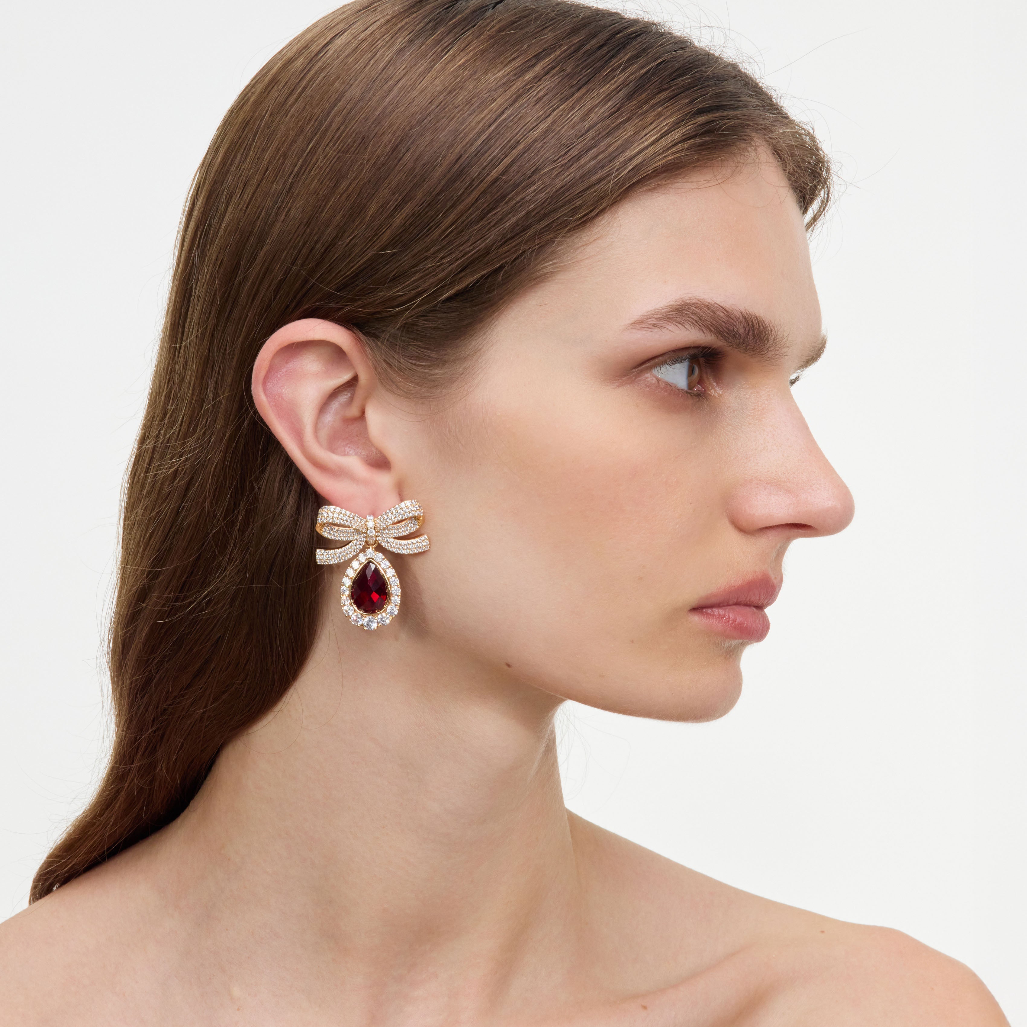 Self Portrait Jewellery Gold Crystal Bow Ruby Ohrringe Rot