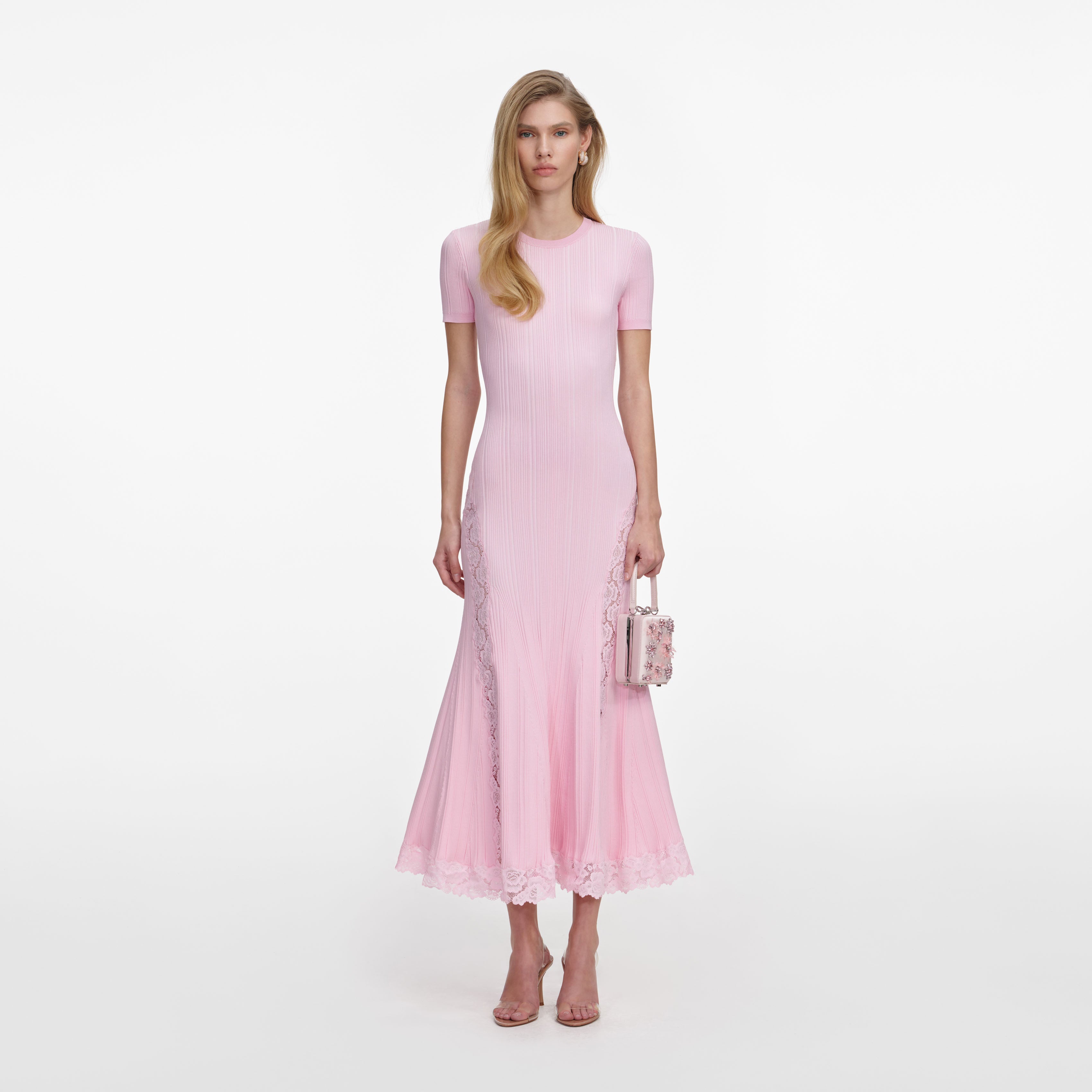 Self Portrait Pink Knit Lace Midi Kleid Rosa Spitze