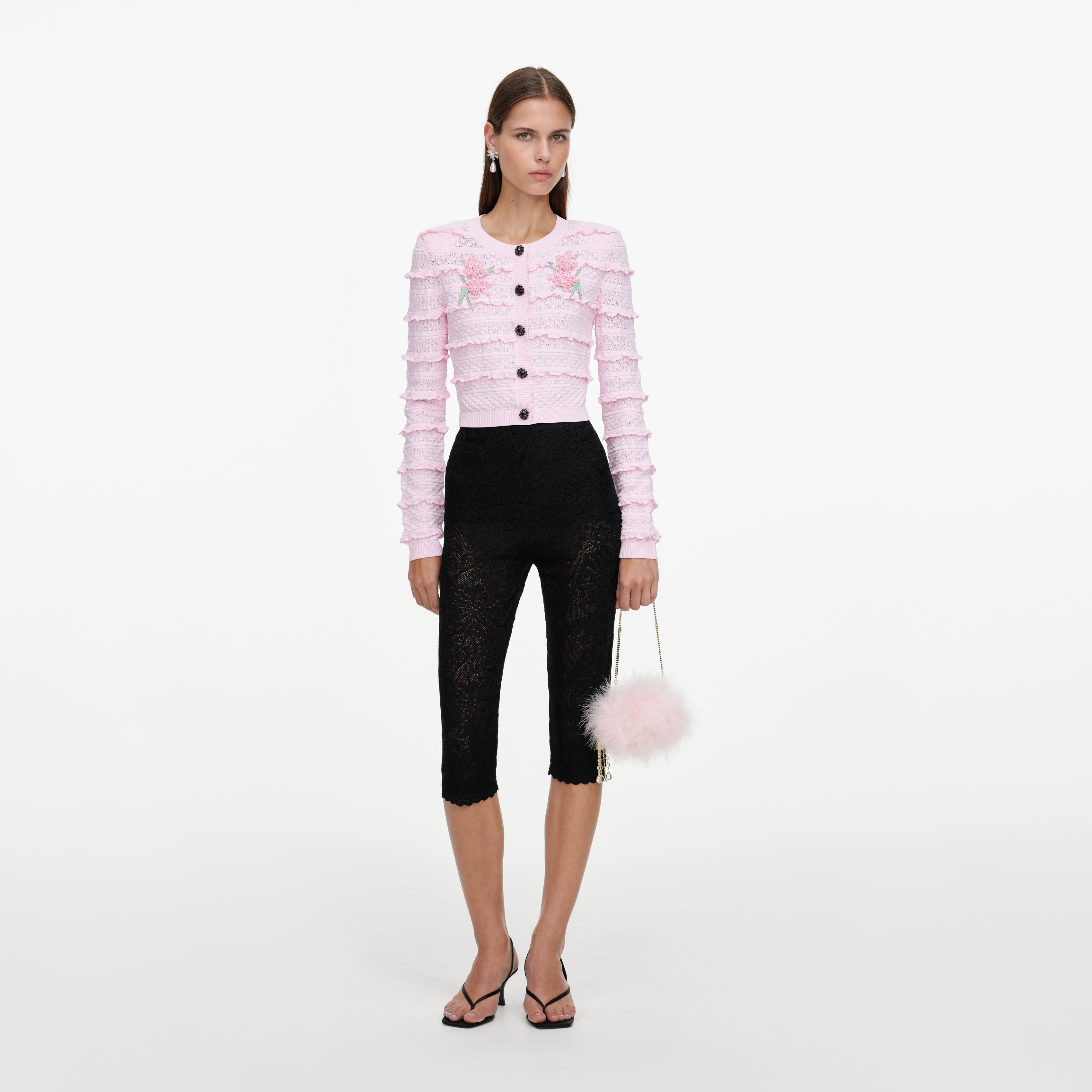 Self Portrait Knitwear Flower Pointelle Strickjacke Rosa