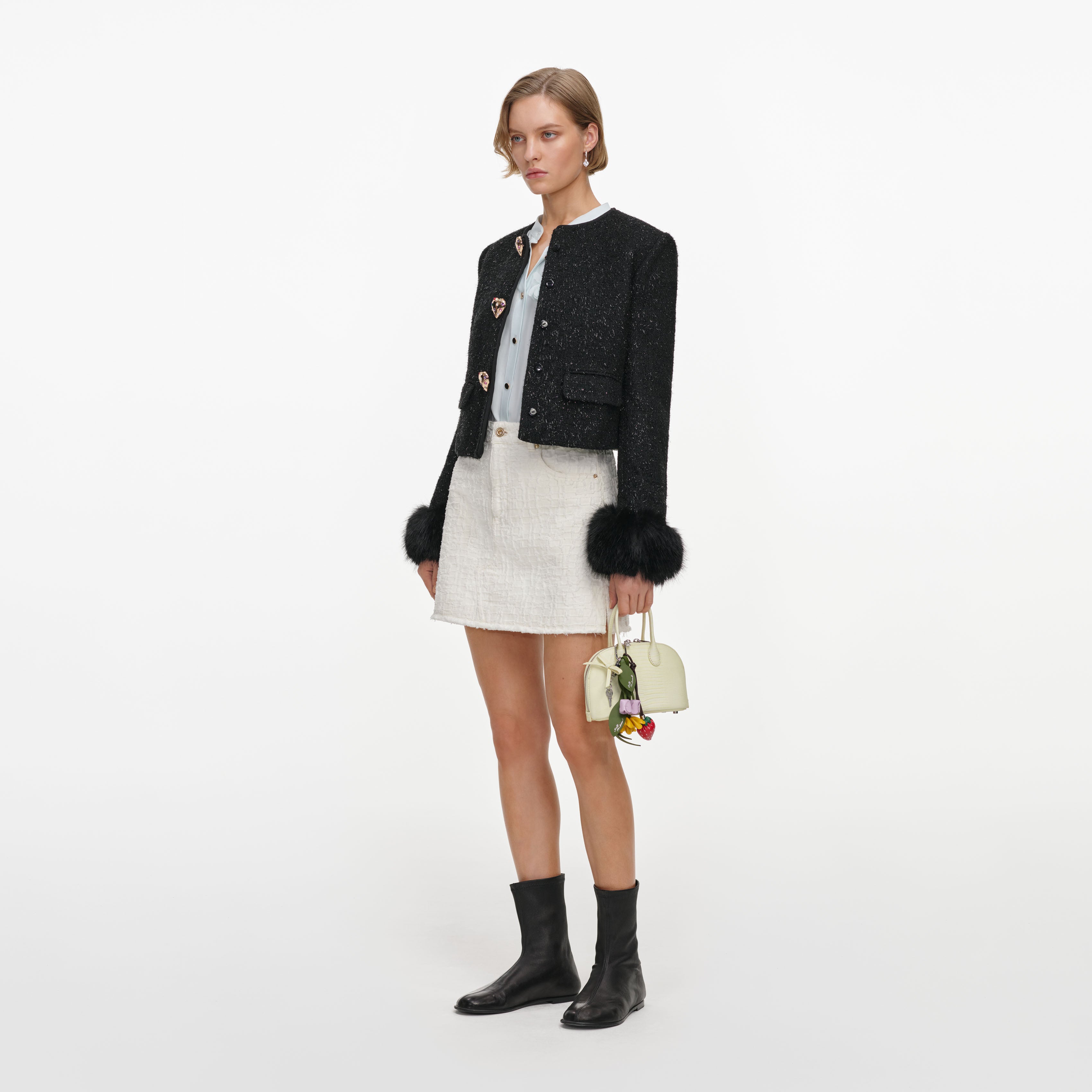 Self-Portrait Black Metallic Boucle Fur Cuff Jacke Schwarz