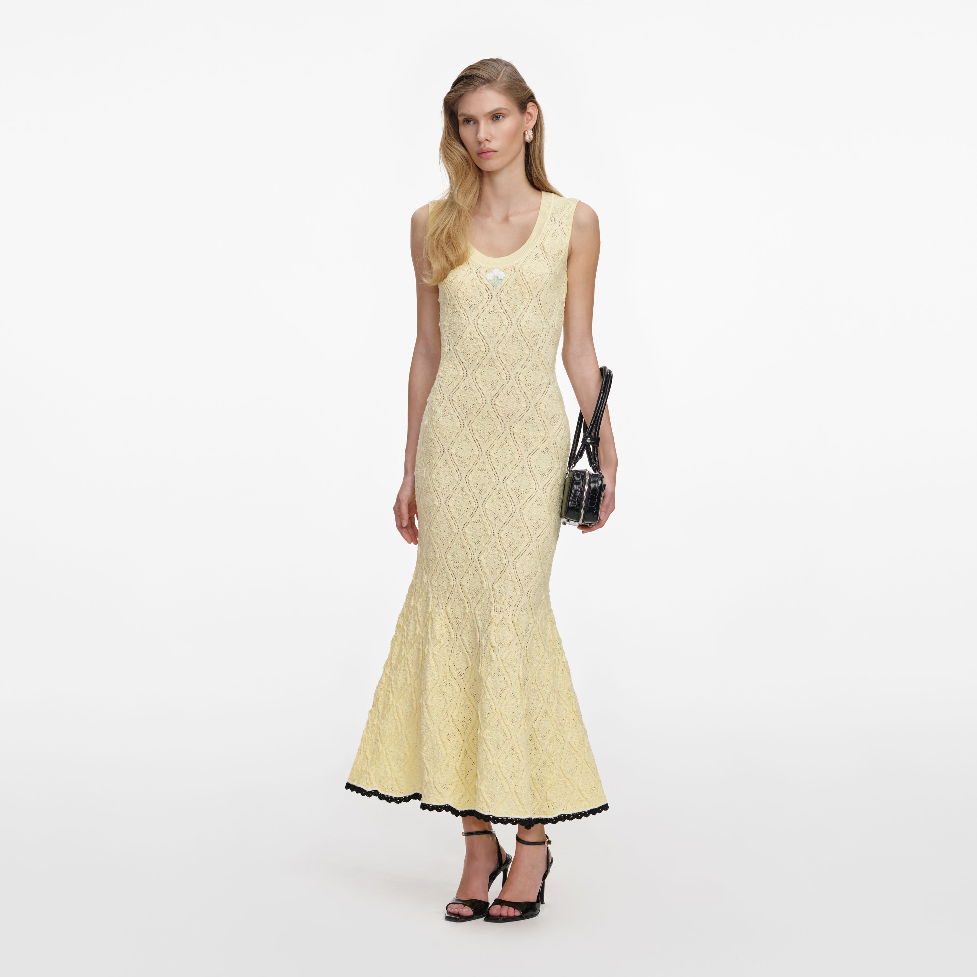 Self Portrait Yellow Pointelle Knit Midi Kleid Gelb S Stickerei