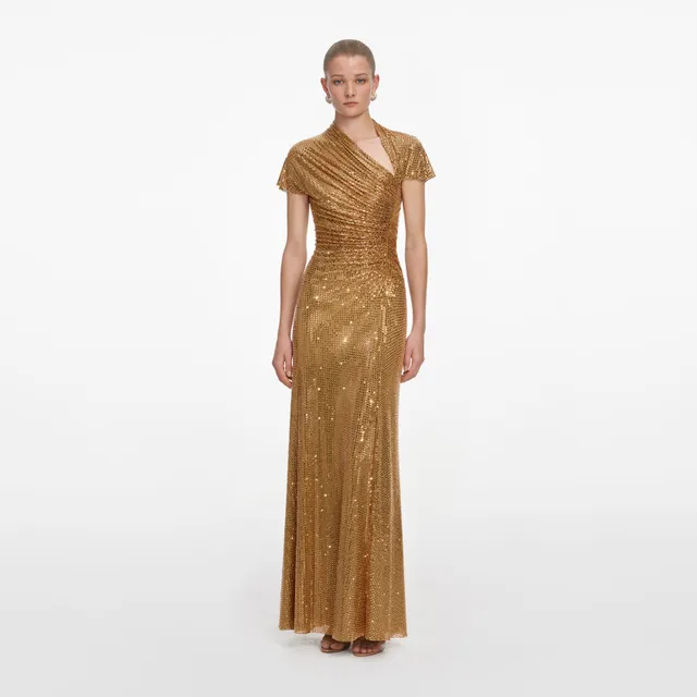 Self Portrait Gold Rhinestone Drape Maxi Kleid Gold