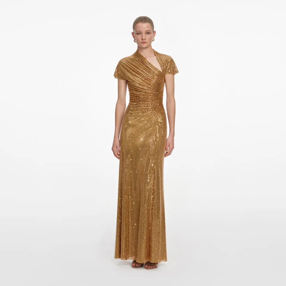 Self Portrait Gold Rhinestone Drape Maxi Kleid Gold