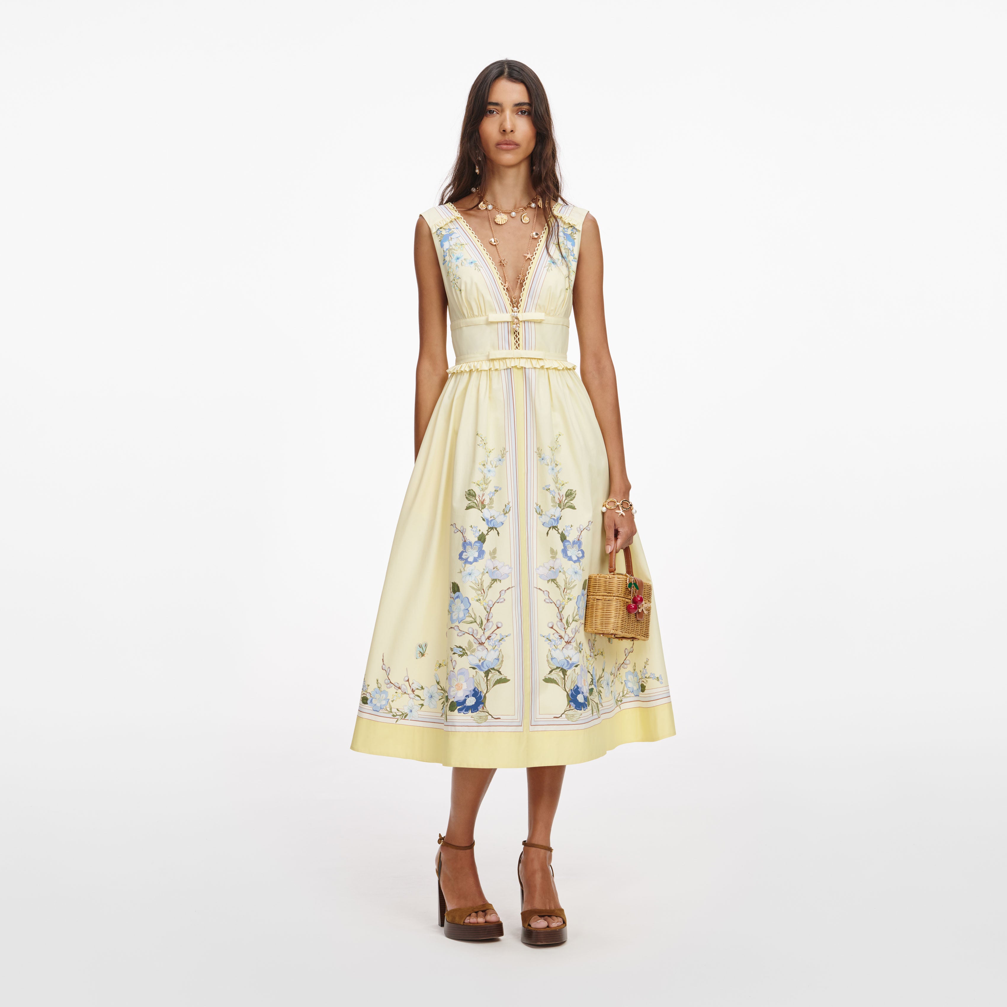 Self Portrait Yellow Floral Cotton Midi Kleid UK 8 Gelb