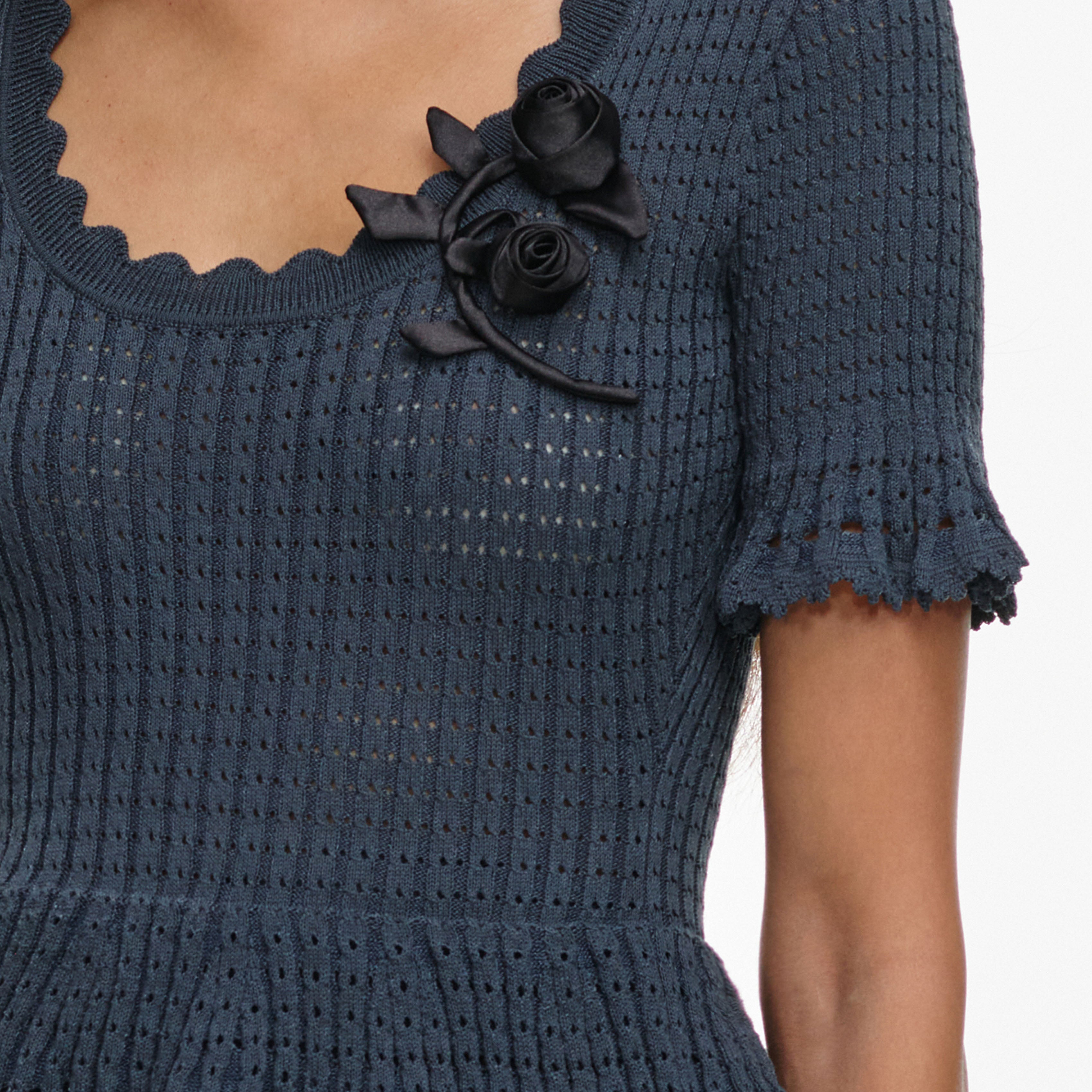 Self-Portrait Grey Pointelle Peplum Knit Midi Kleid Grau