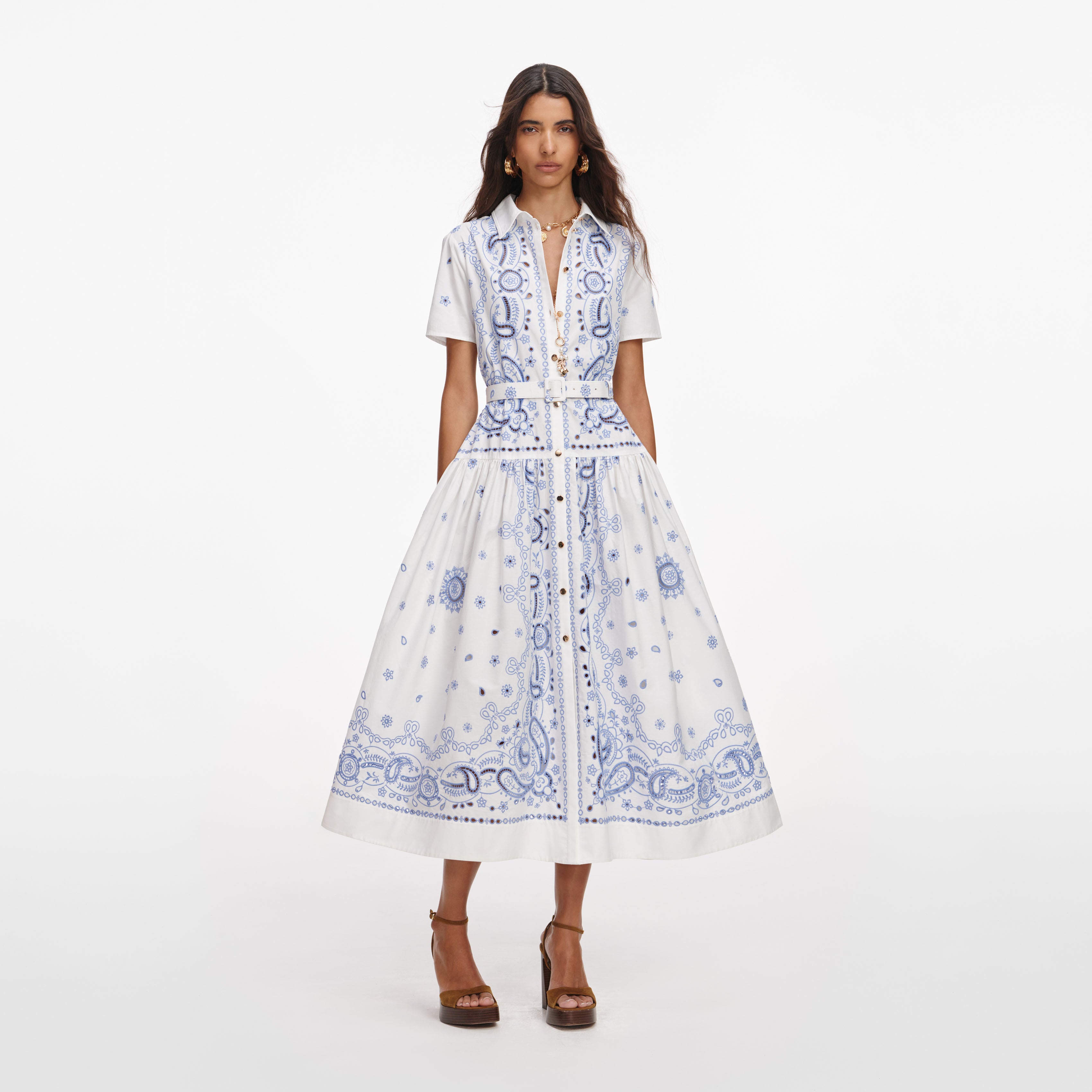 Self Portrait White Blue Embroidered Midi Kleid Weiss
