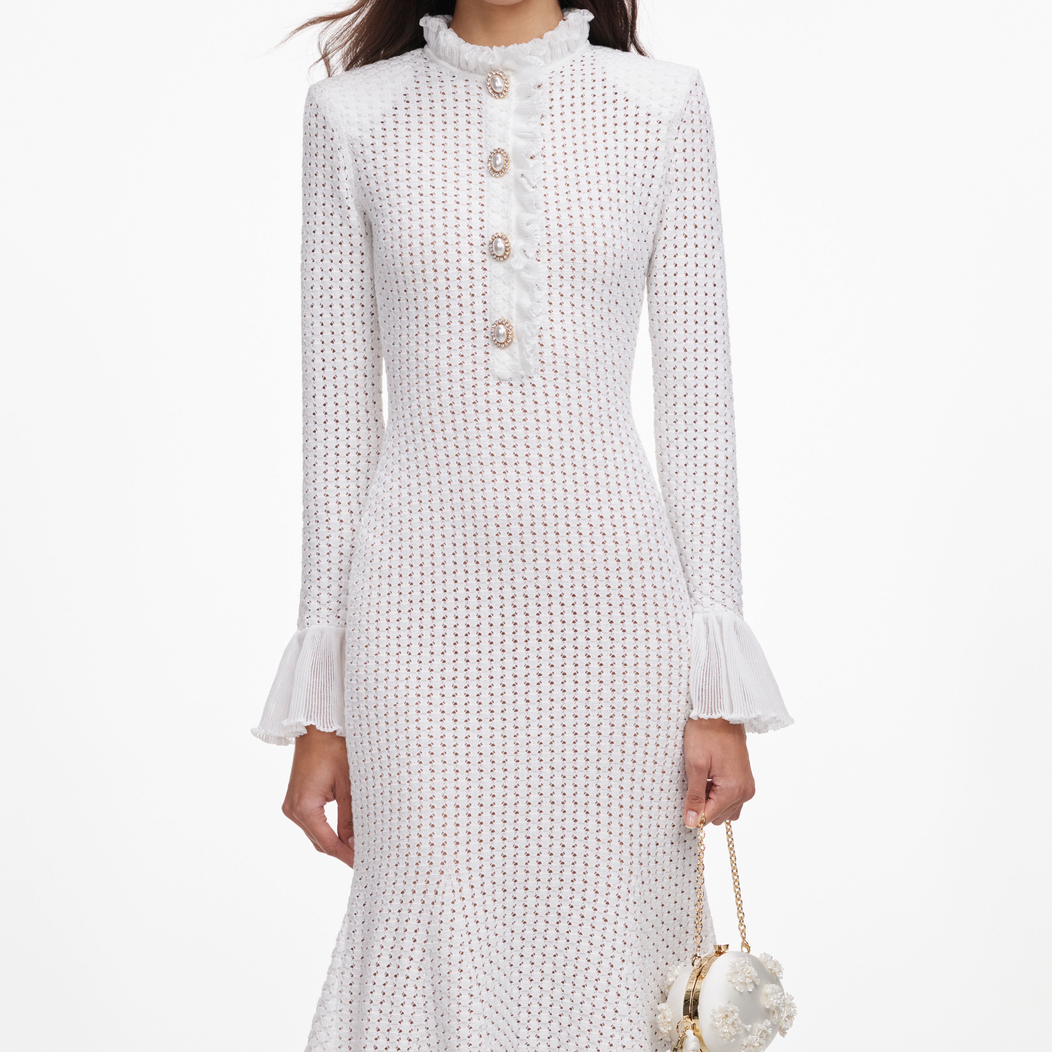 Self Portrait White Pointelle Knit Flare Midi Kleid Weiß S Stretch