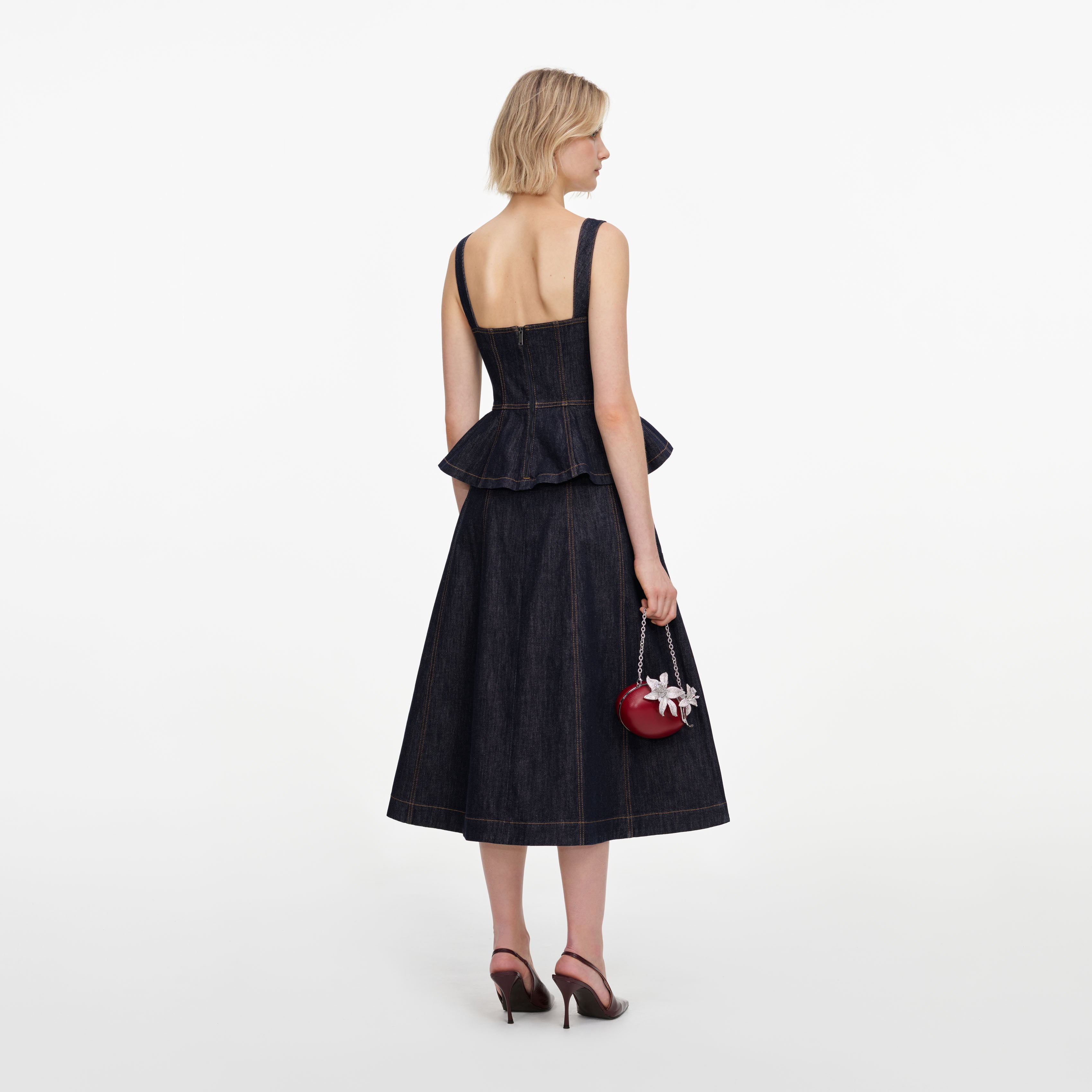 Self Portrait Indigo Peplum Denim Midikleid blau