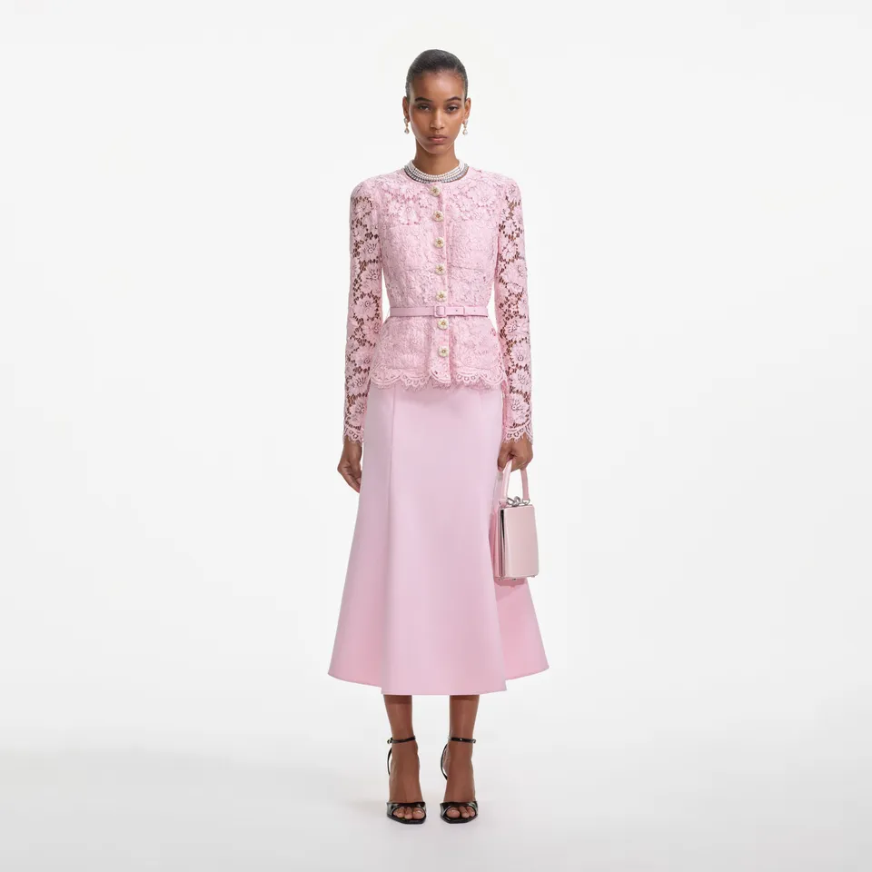 Self Portrait Pink Tailored Lace Midi Kleid Rosa Gürtel