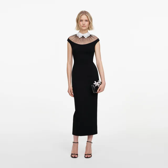Self Portrait Crepe Midikleid Schwarz Spitzen-Kragen Formal