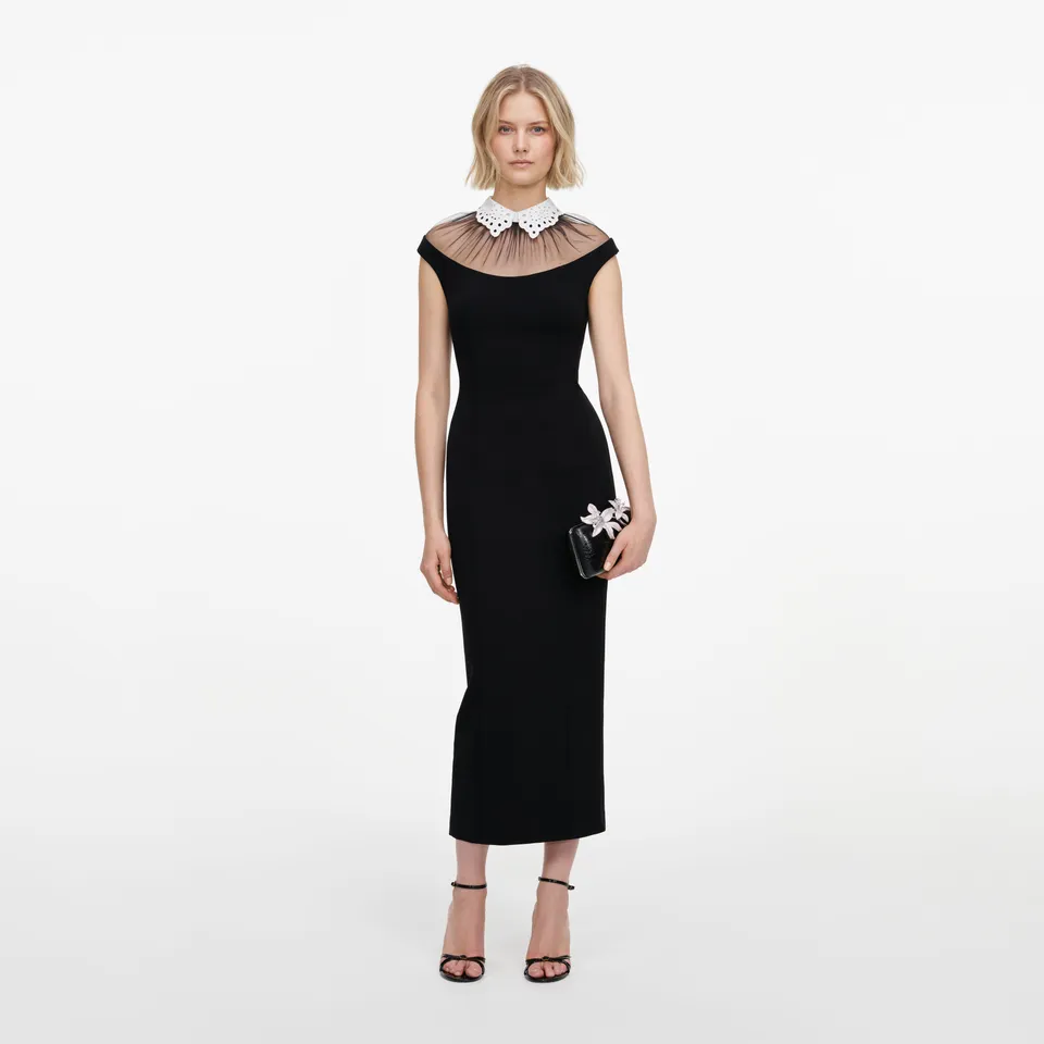 Self Portrait Crepe Midikleid Schwarz Spitzen-Kragen Formal