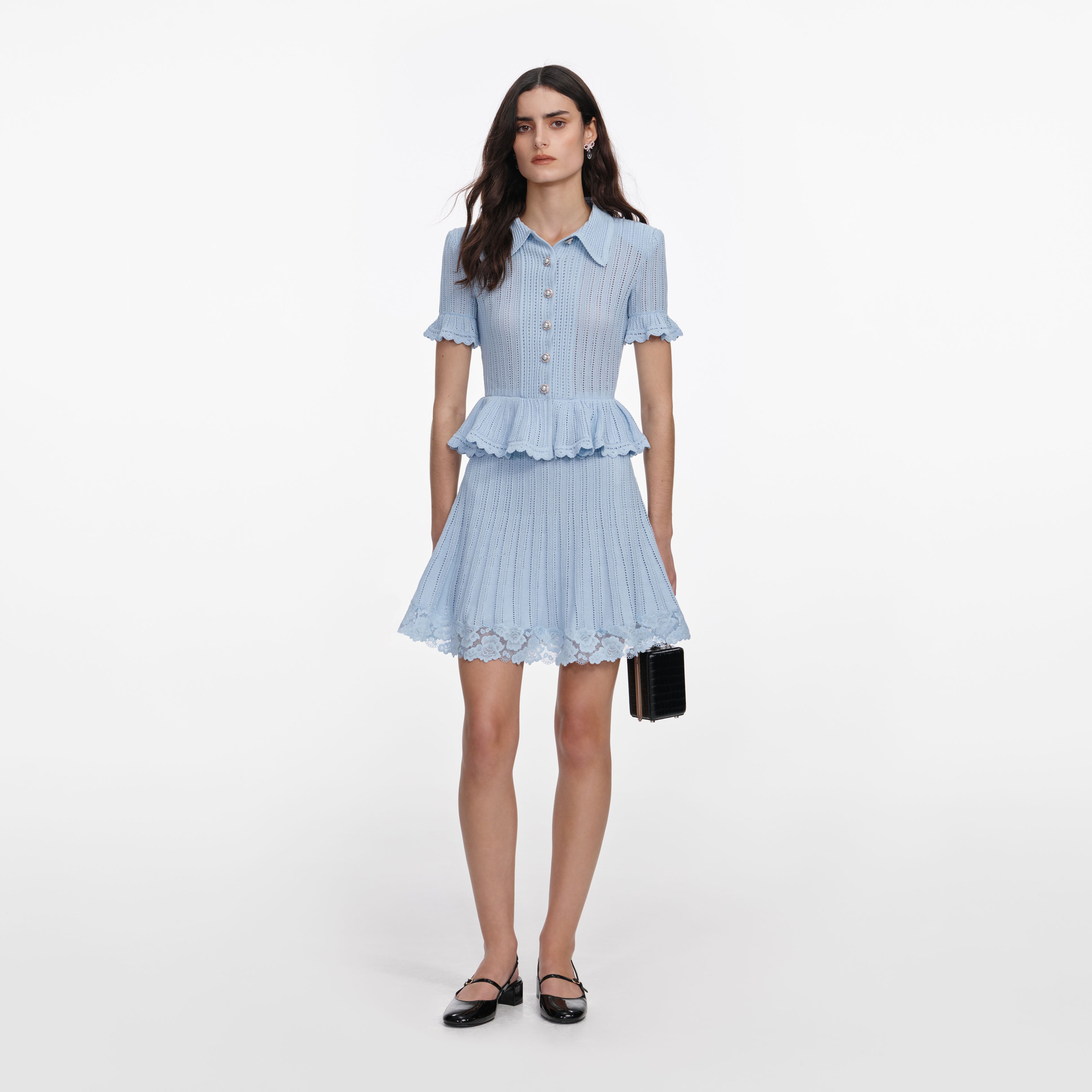 Self Portrait Blue Pointelle Peplum Knit Mini Kleid Blau Gr.S