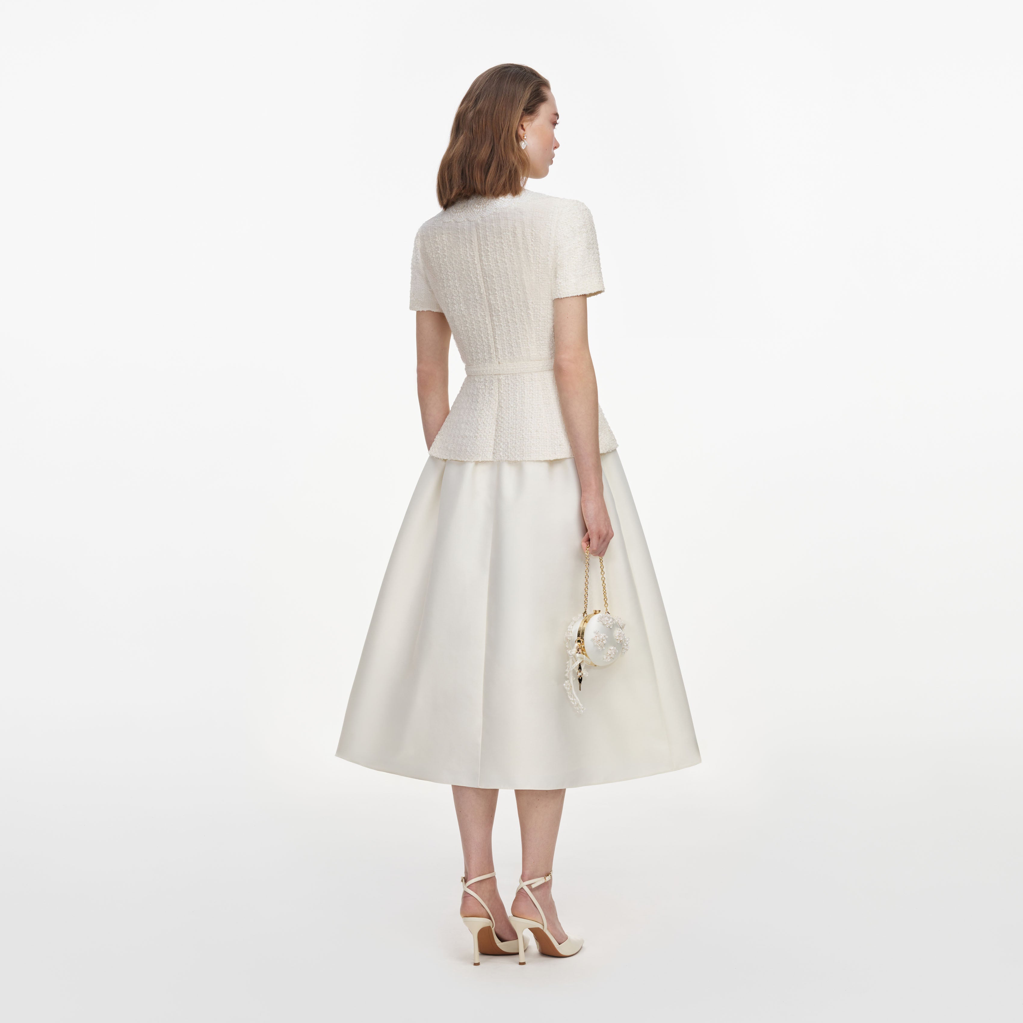 Self Portrait Cream Boucle Taffeta Midi Kleid Creme