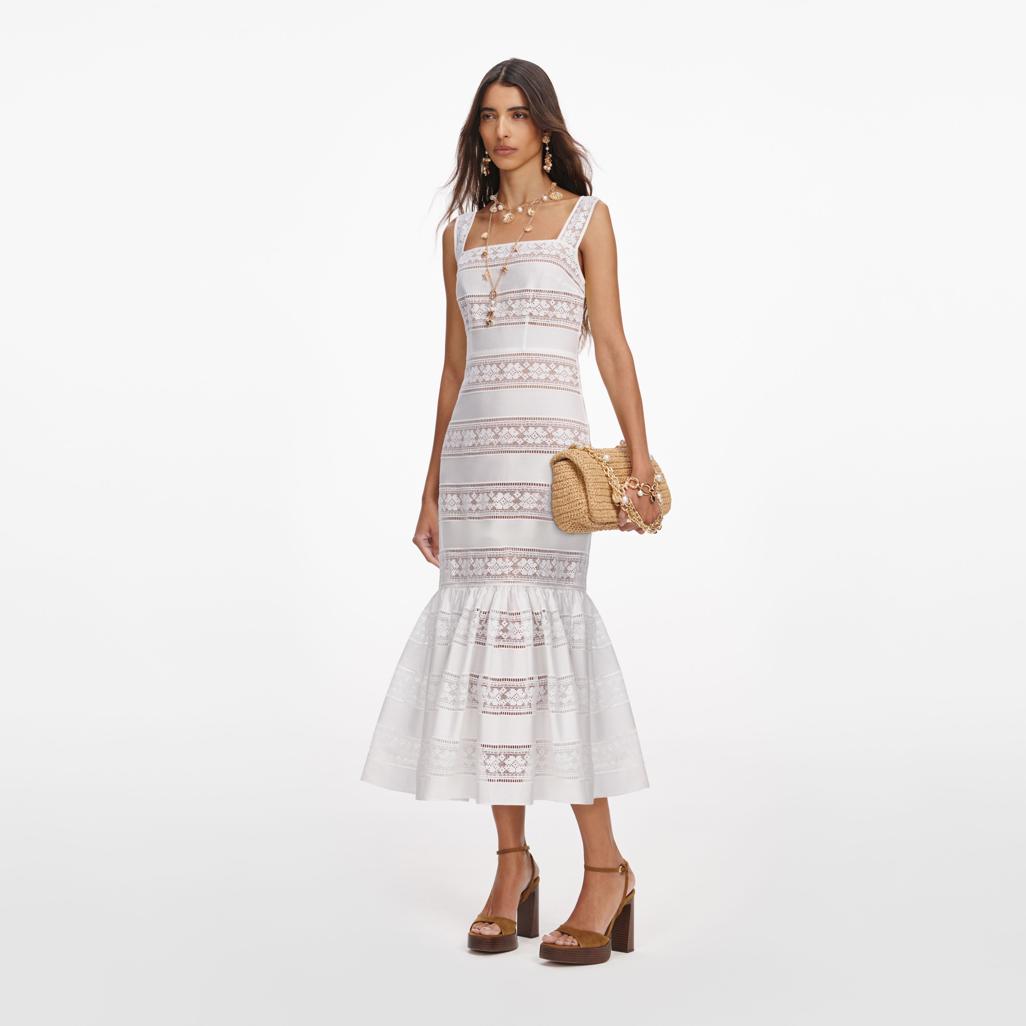 Self Portrait White Cotton Embroidered Midi Dress UK 6