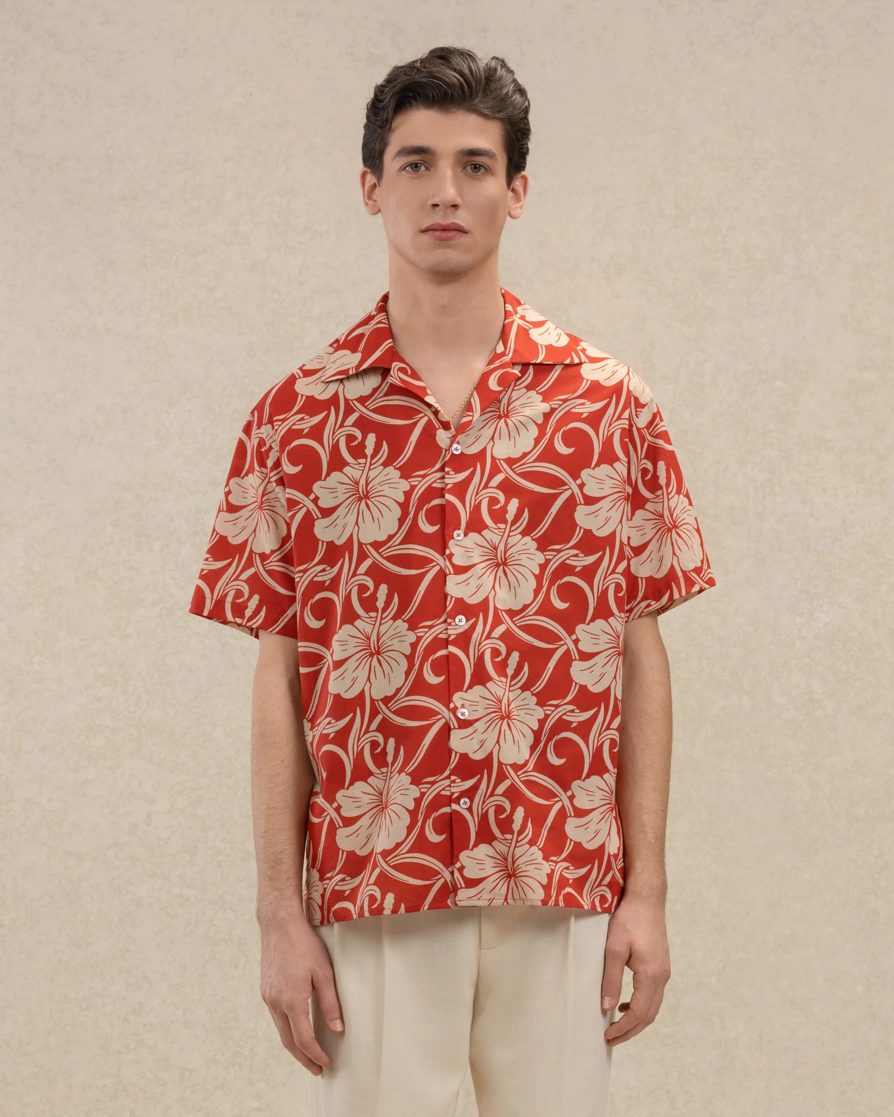 Drôle De Monsieur Chemise Hibiscus Monogramme Hemd Rot Kurzarm