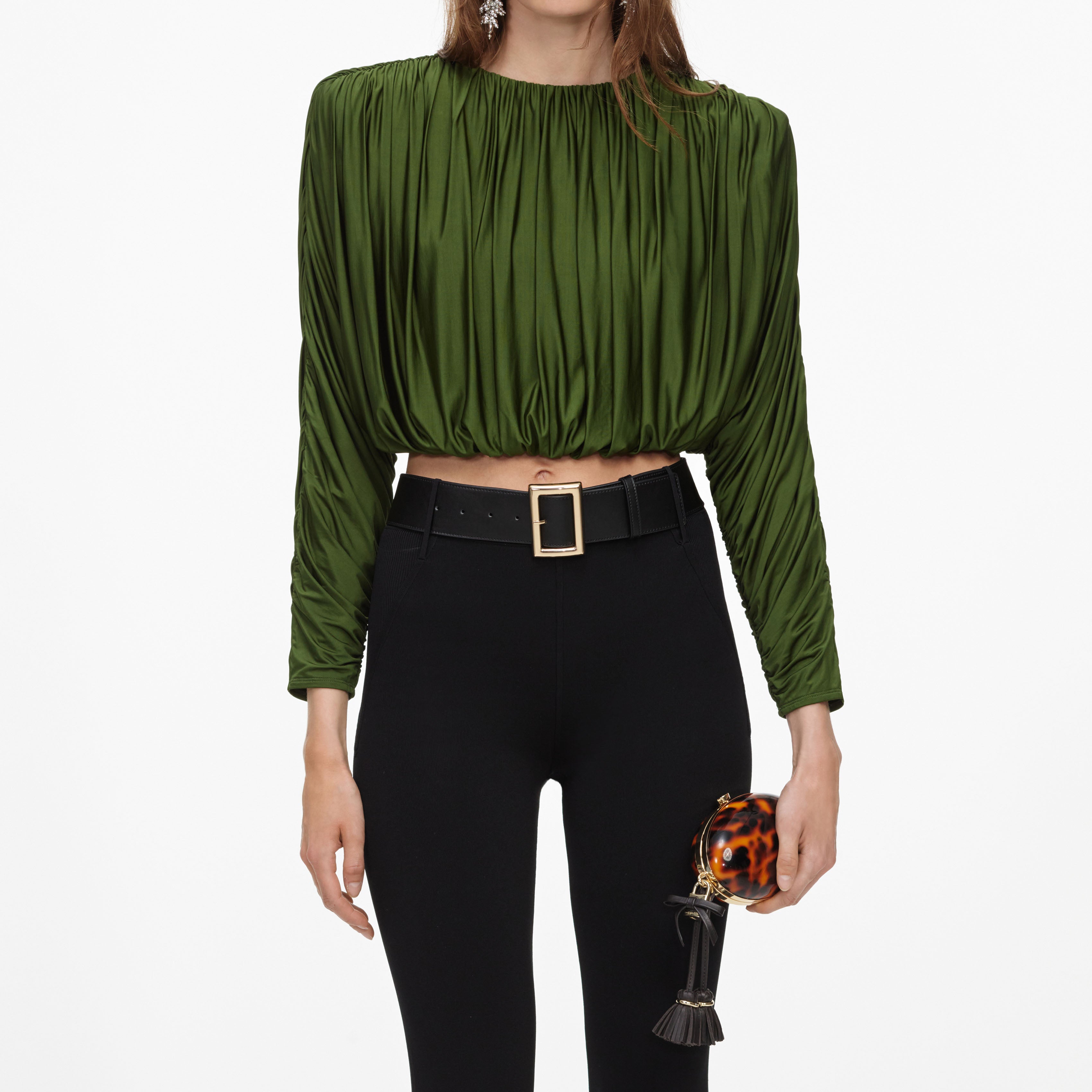 Self Portrait Olive Jersey Gathered Top Oliv Jersey Raffung
