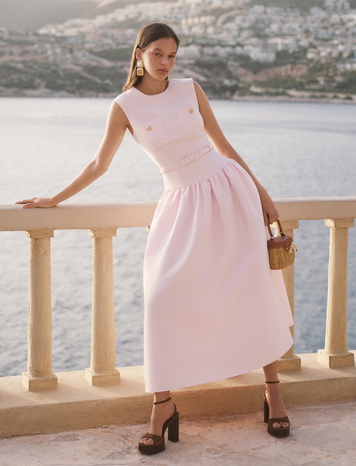 Self Portrait Pink Taffeta Belted Midi Dress Kleid Pink