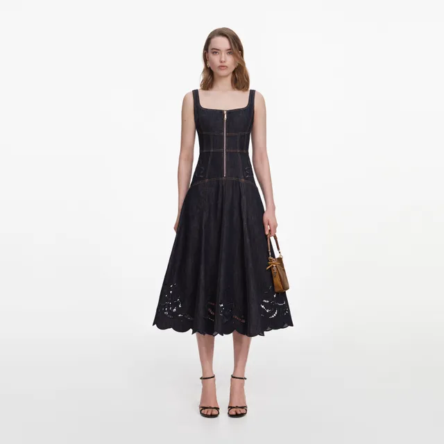 Self Portrait Denim Bow Midi Kleid indigo UK 8