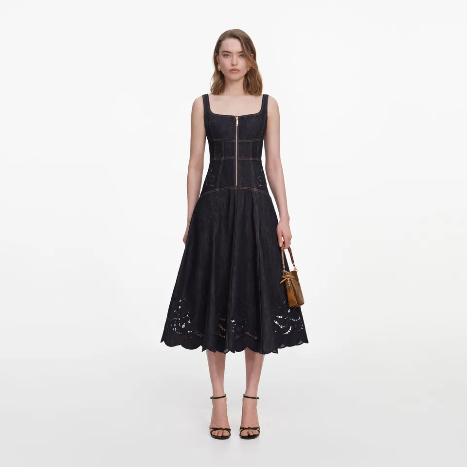 Self Portrait Denim Bow Midi Kleid indigo UK 8