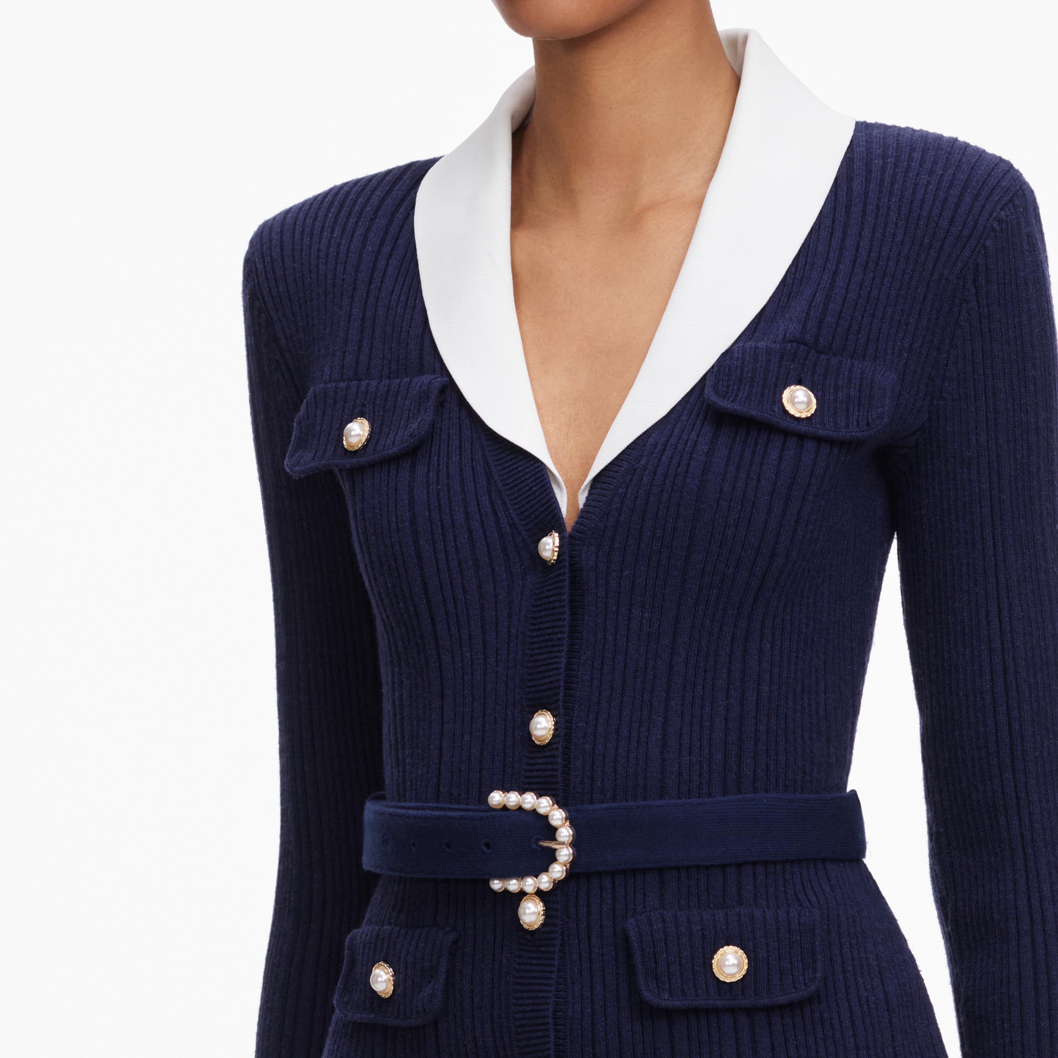 Self Portrait Navy Ribbed Knit Cardigan Strickjacke Blau