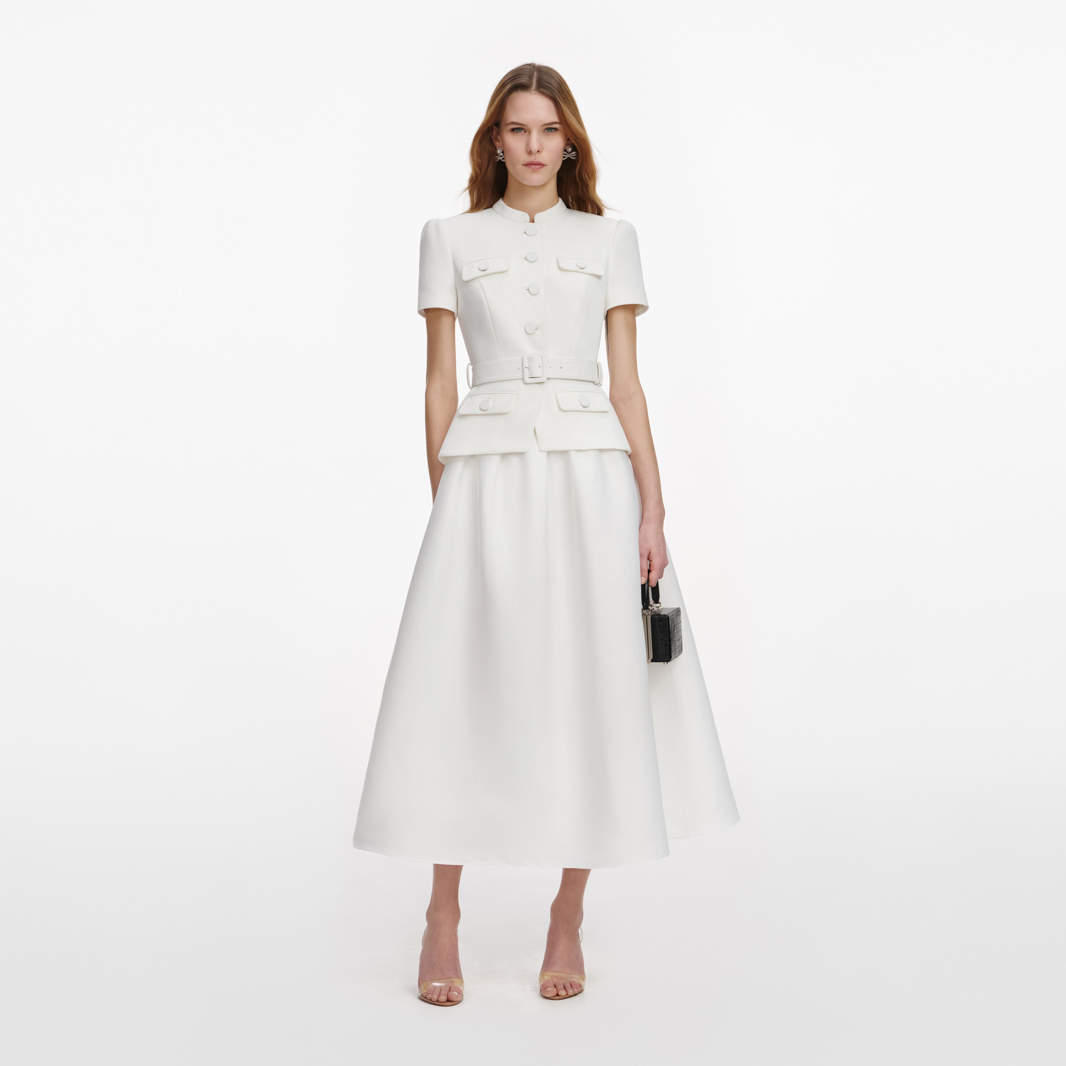 Self Portrait White Tailored Taffeta Midikleid Weiss