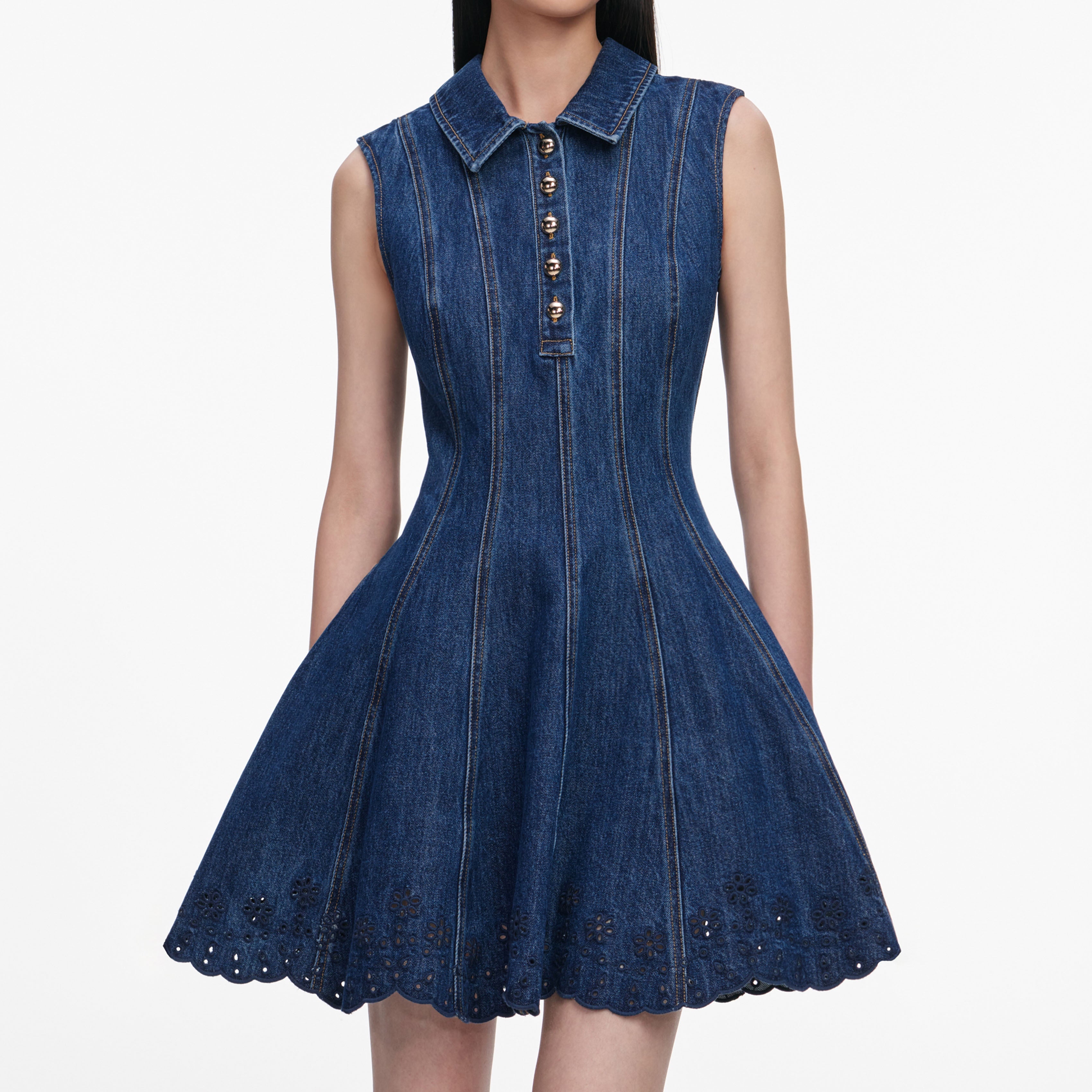 Self Portrait Denim Broderie Minikleid Blau UK 10 Stretch