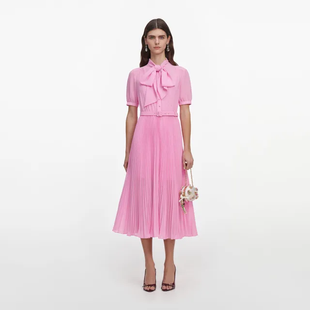 Self Portrait Pink Georgette Tie Neck Midi Kleid Rosa UK 6