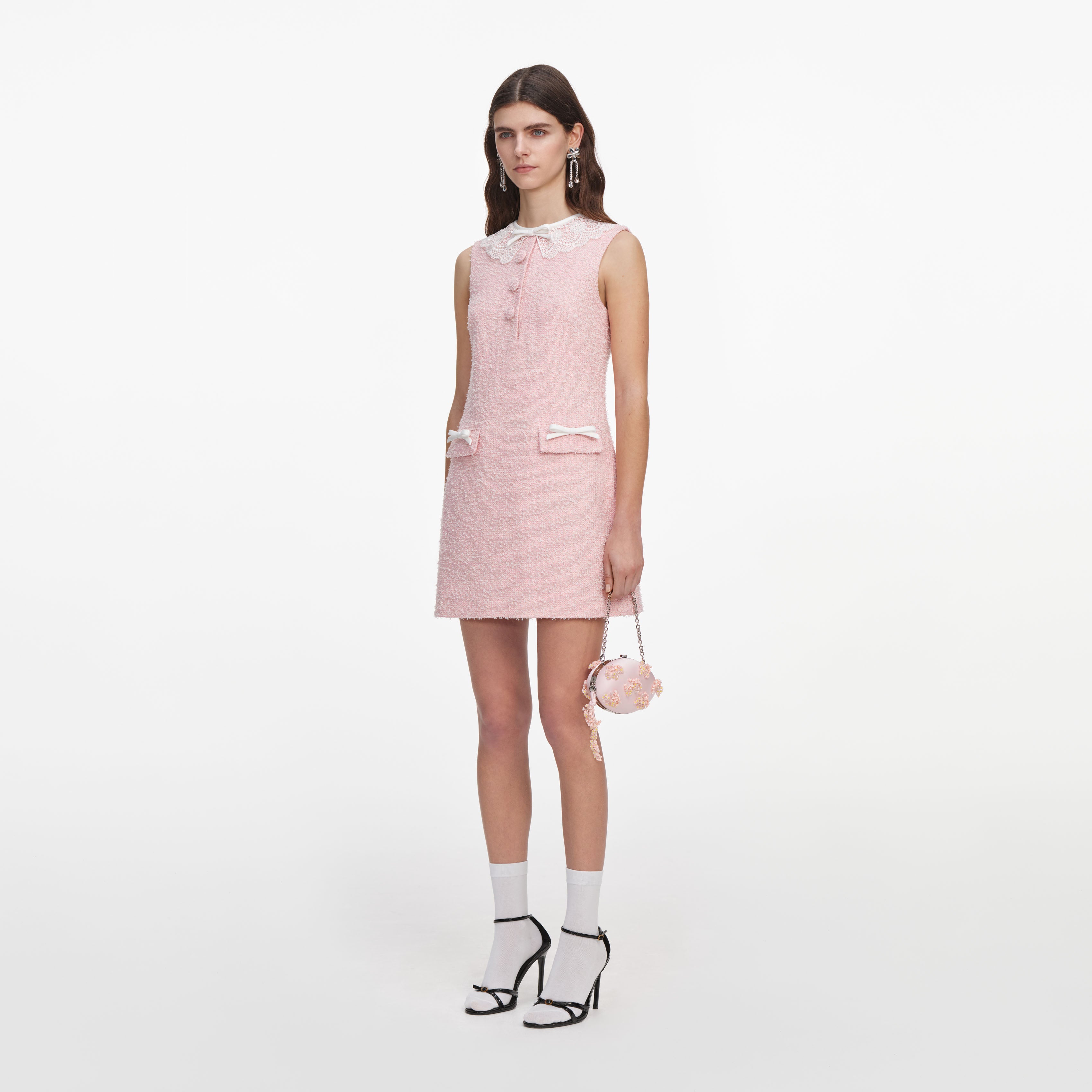 Self Portrait Pink Boucle Lace Collar Minikleid Pink UK 8