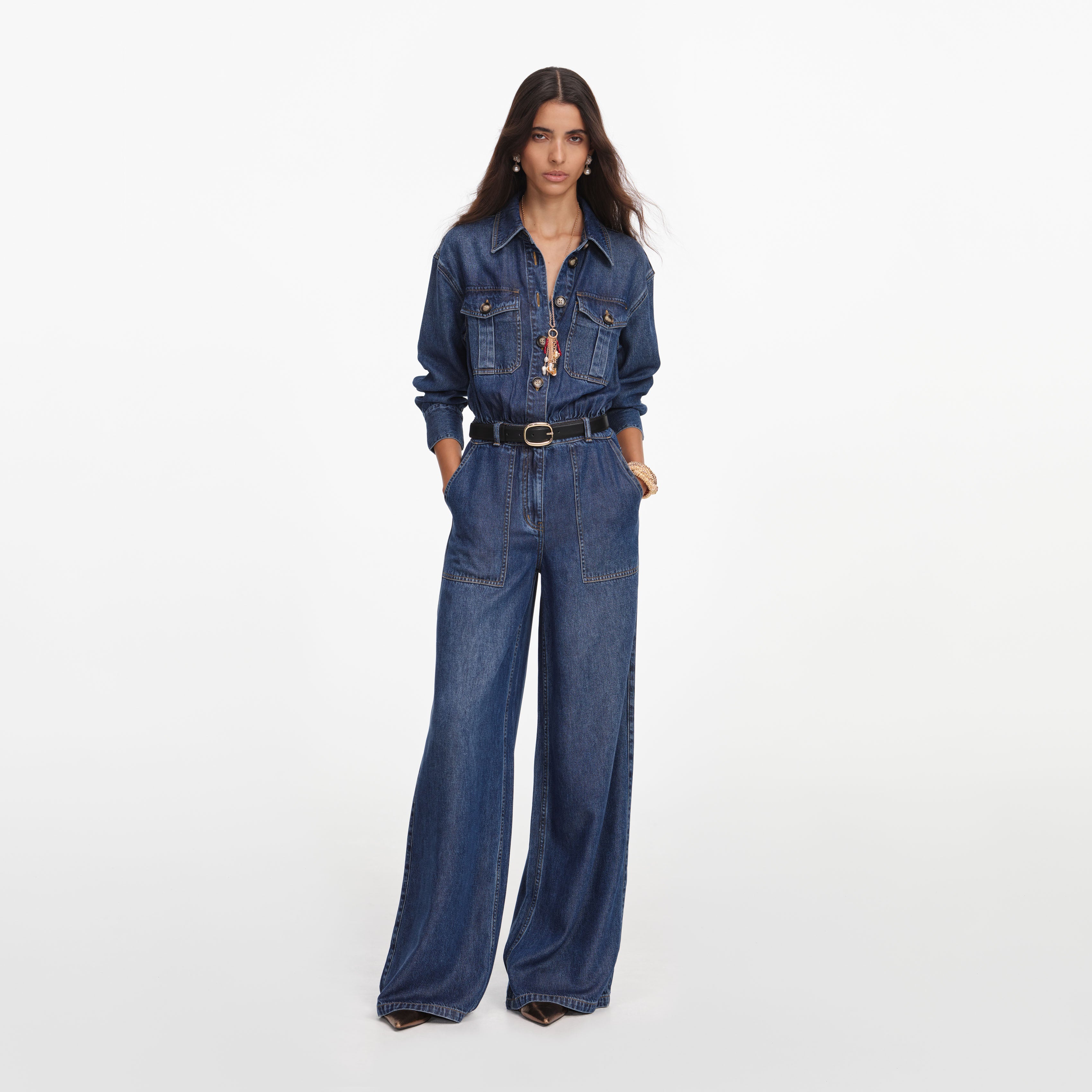 Self-Portrait Denim Relaxed Fit Jumpsuit Denim-Overall Blau