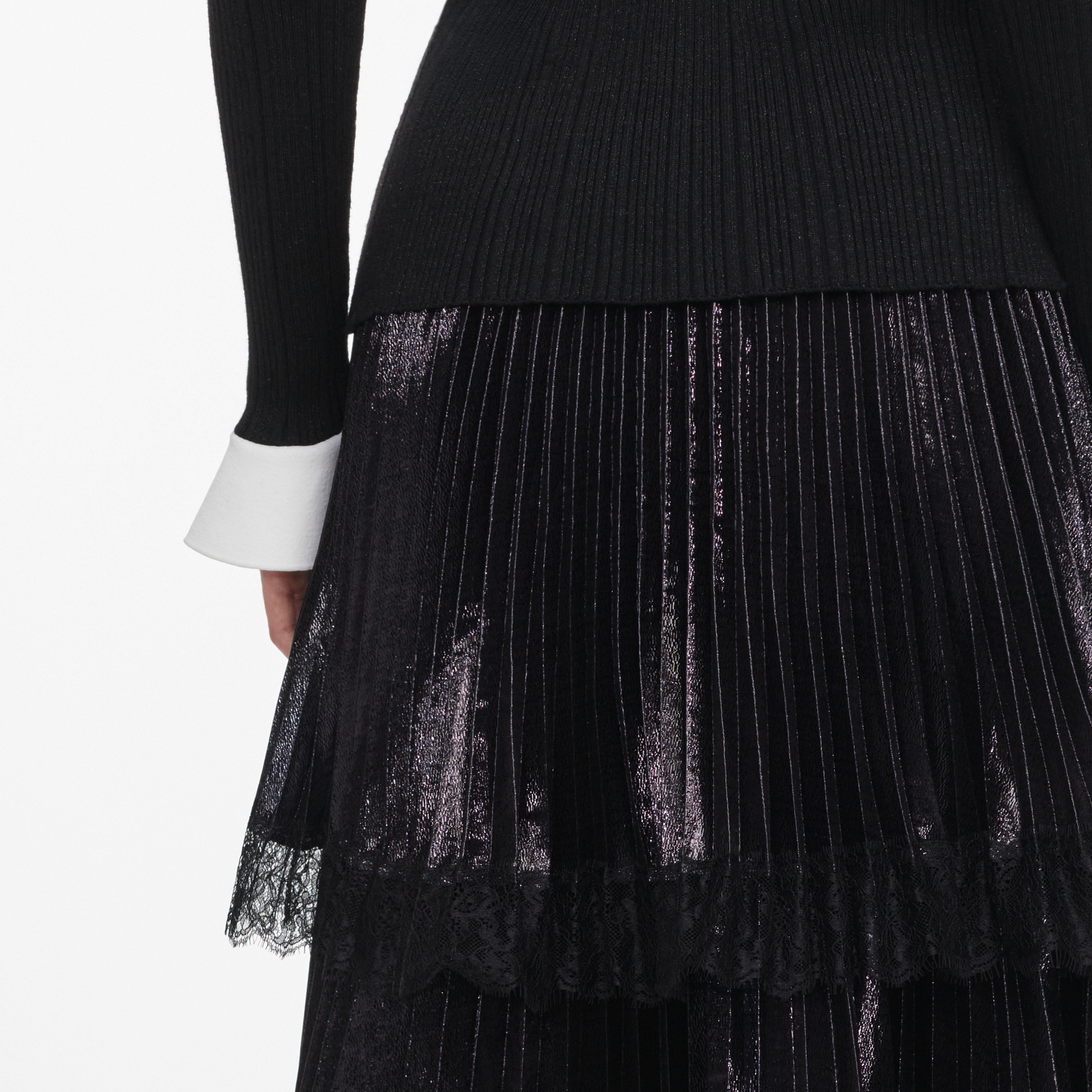 Self Portrait Black Knit Chiffon Midi Dress Schwarz