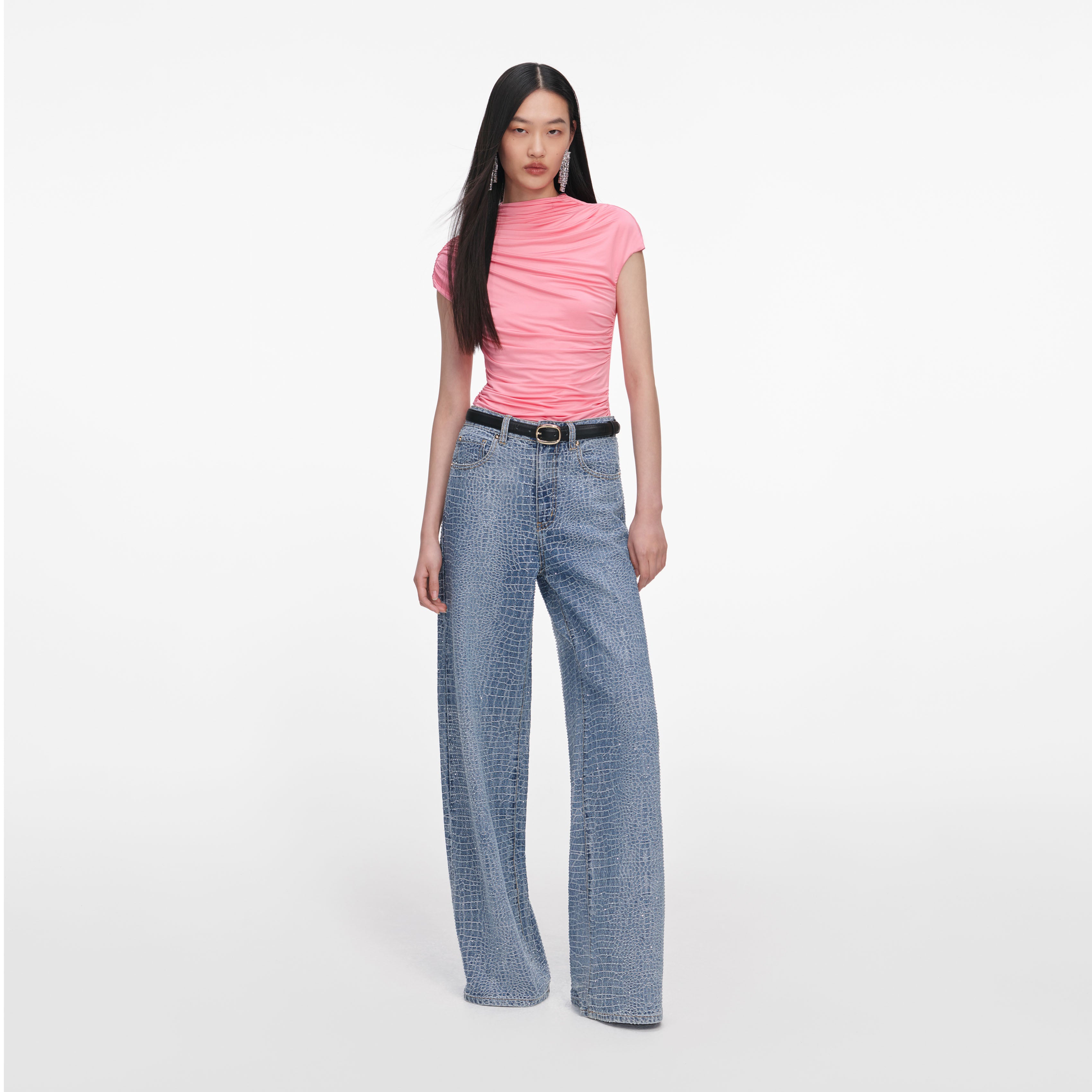 Self Portrait Pink Jersey Gathered Top Rosa Jersey