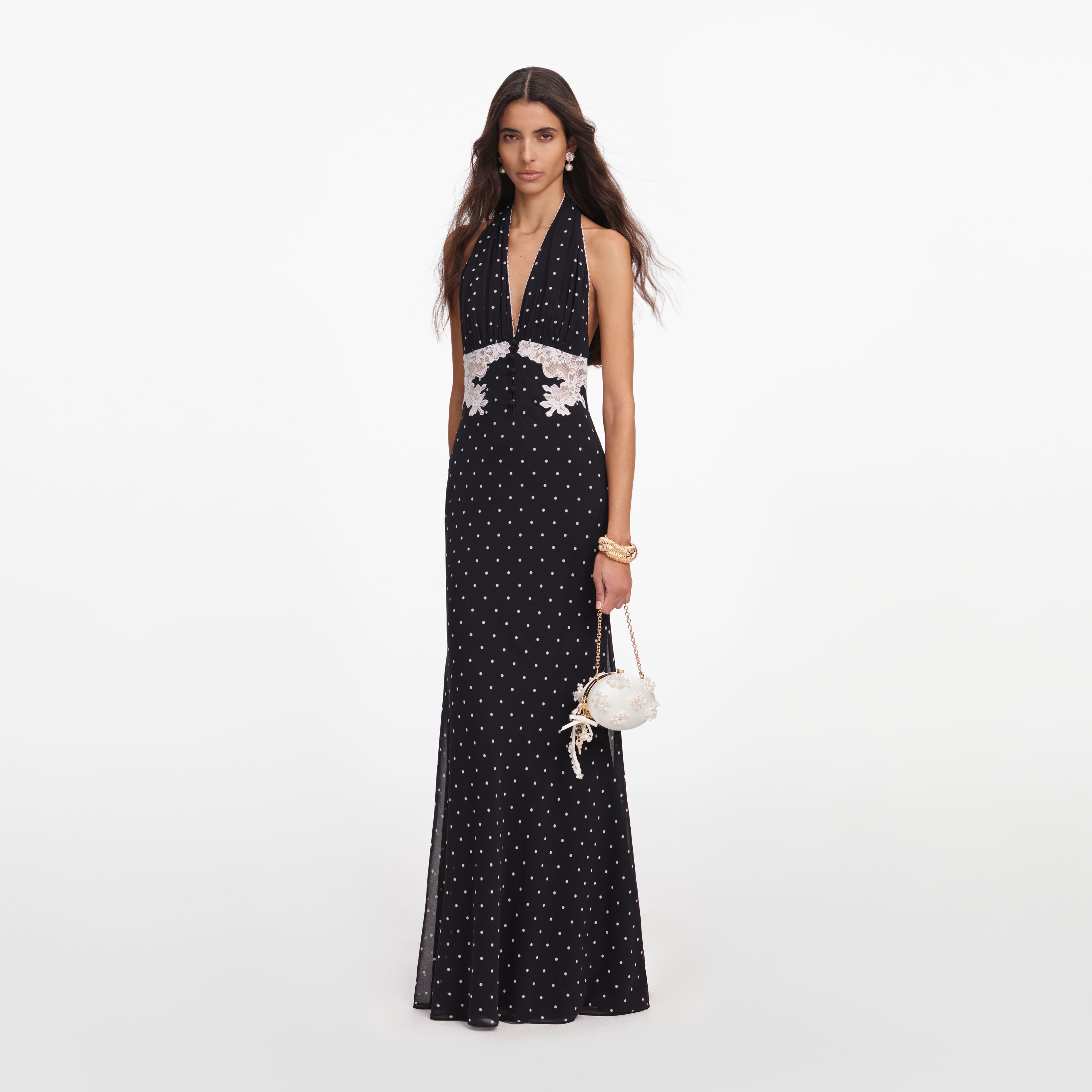 Self Portrait Polka Dot Halter Maxi Kleid schwarz rückenfrei