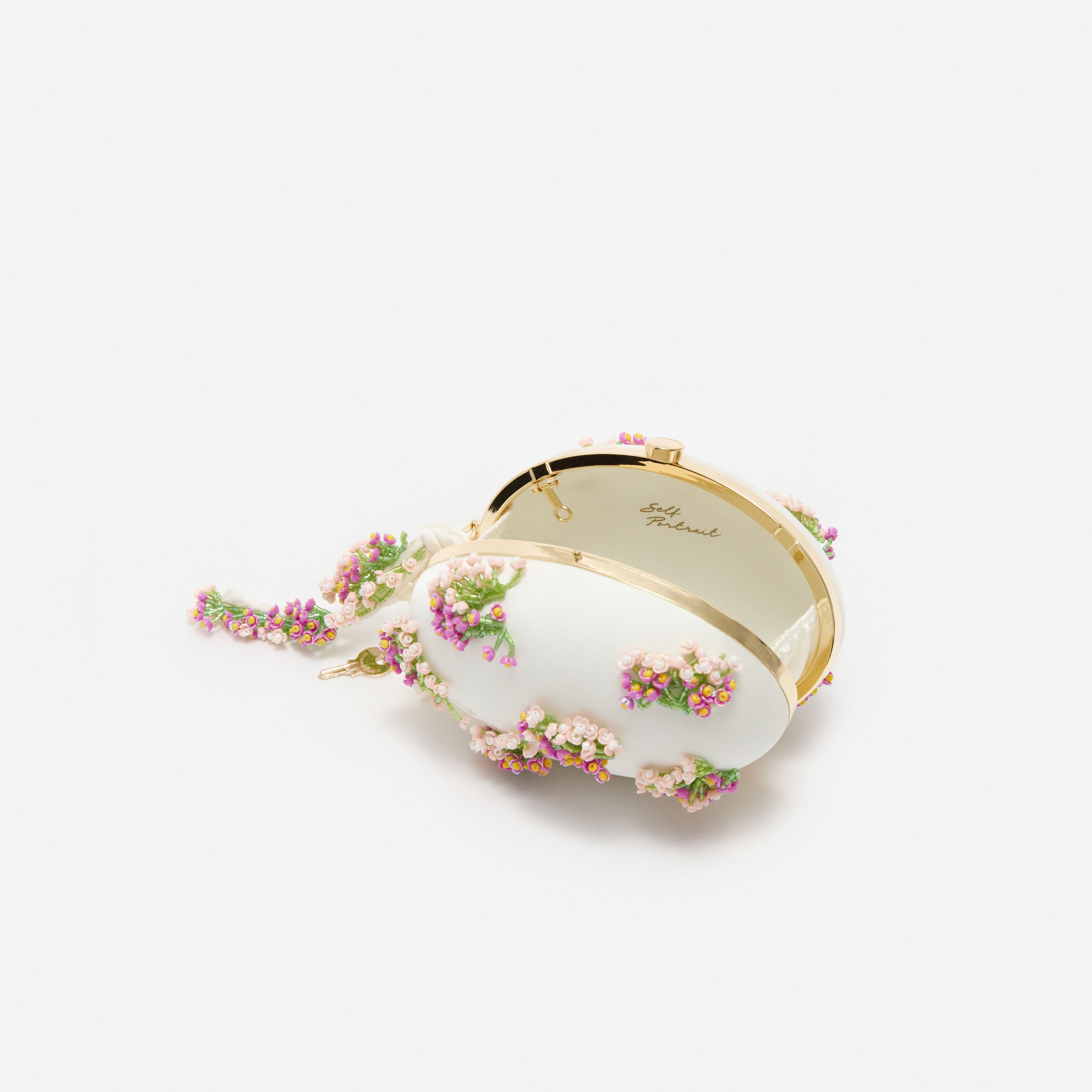 Self Portrait Cream Satin Floral Clutch Creme