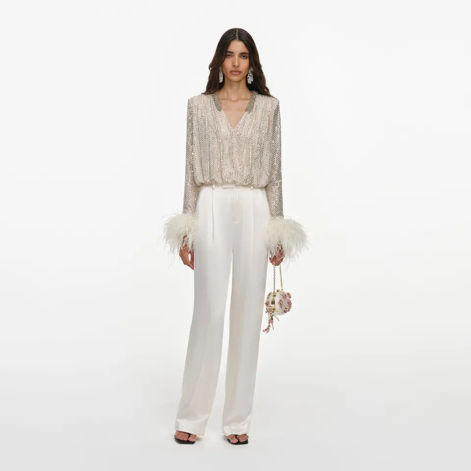 Self Portrait Champagne Feather Top champagner