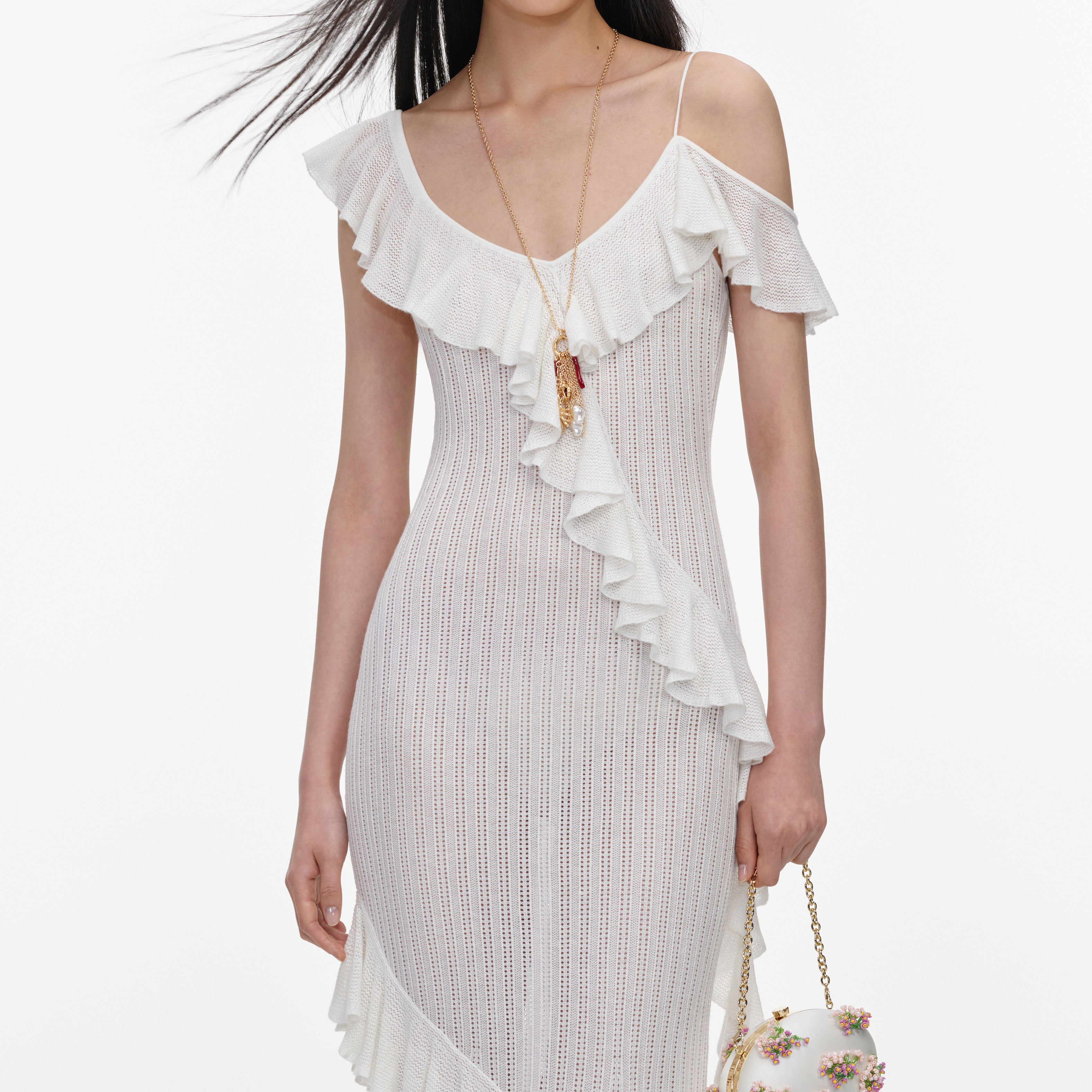 Self Portrait White Ruffle Knit Maxi Kleid Weiß