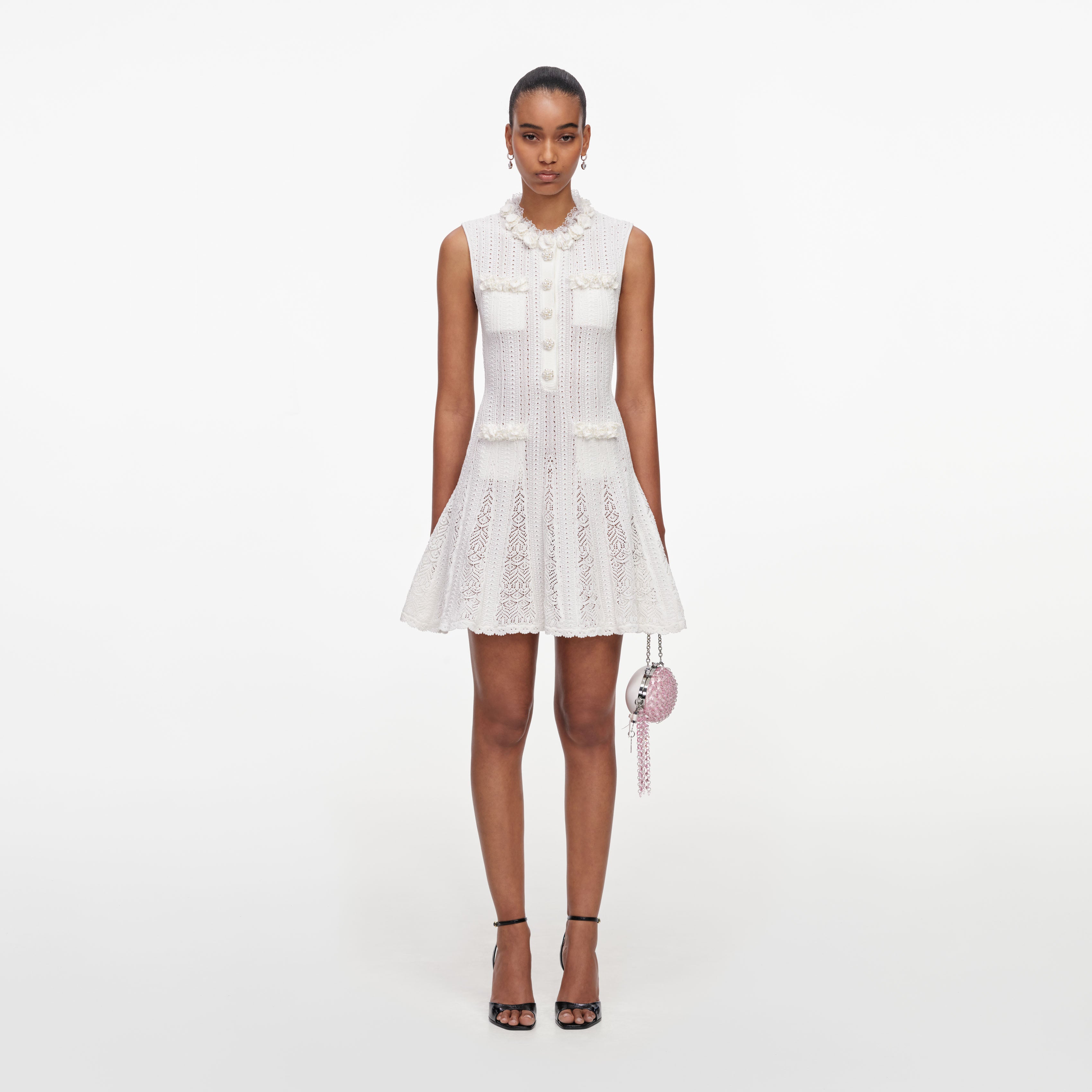 Self Portrait White Flower Trim Knit Minikleid Weiss Pointelle