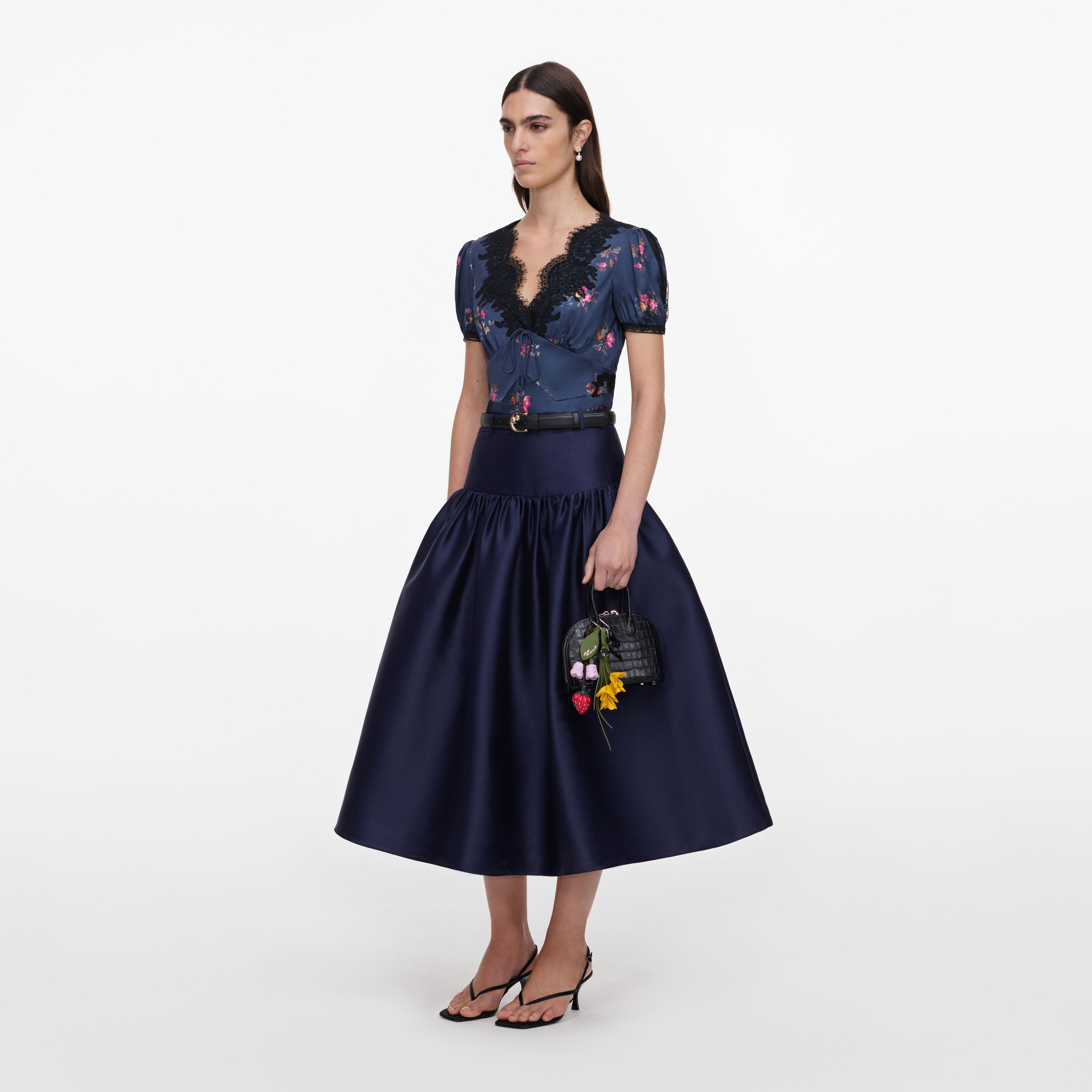 Self Portrait Navy Taffeta Midi Rock Blau Taft