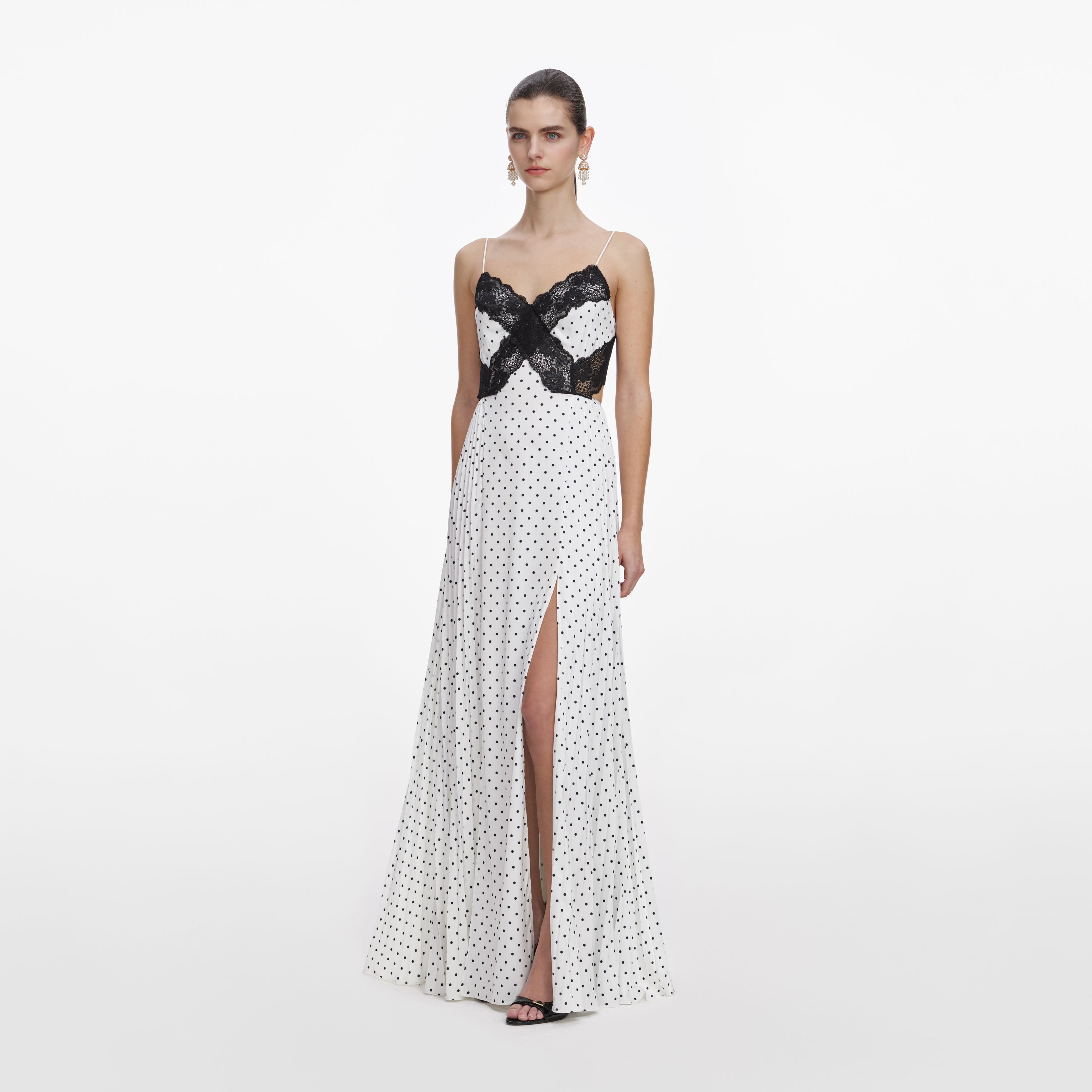 Self Portrait White Polka Dot Satin Maxi Kleid Weiß