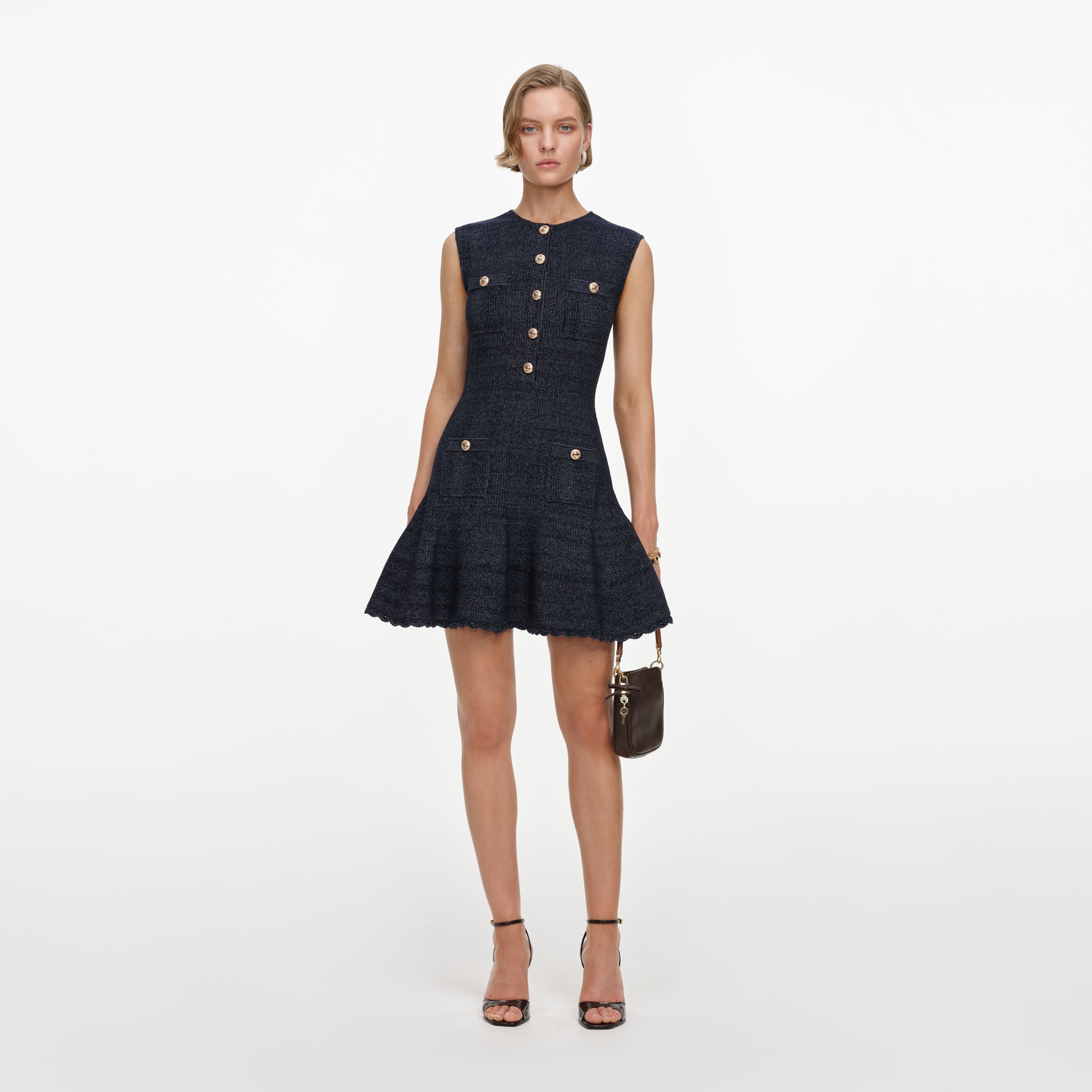 Self Portrait Navy Textured Strickkleid Mini