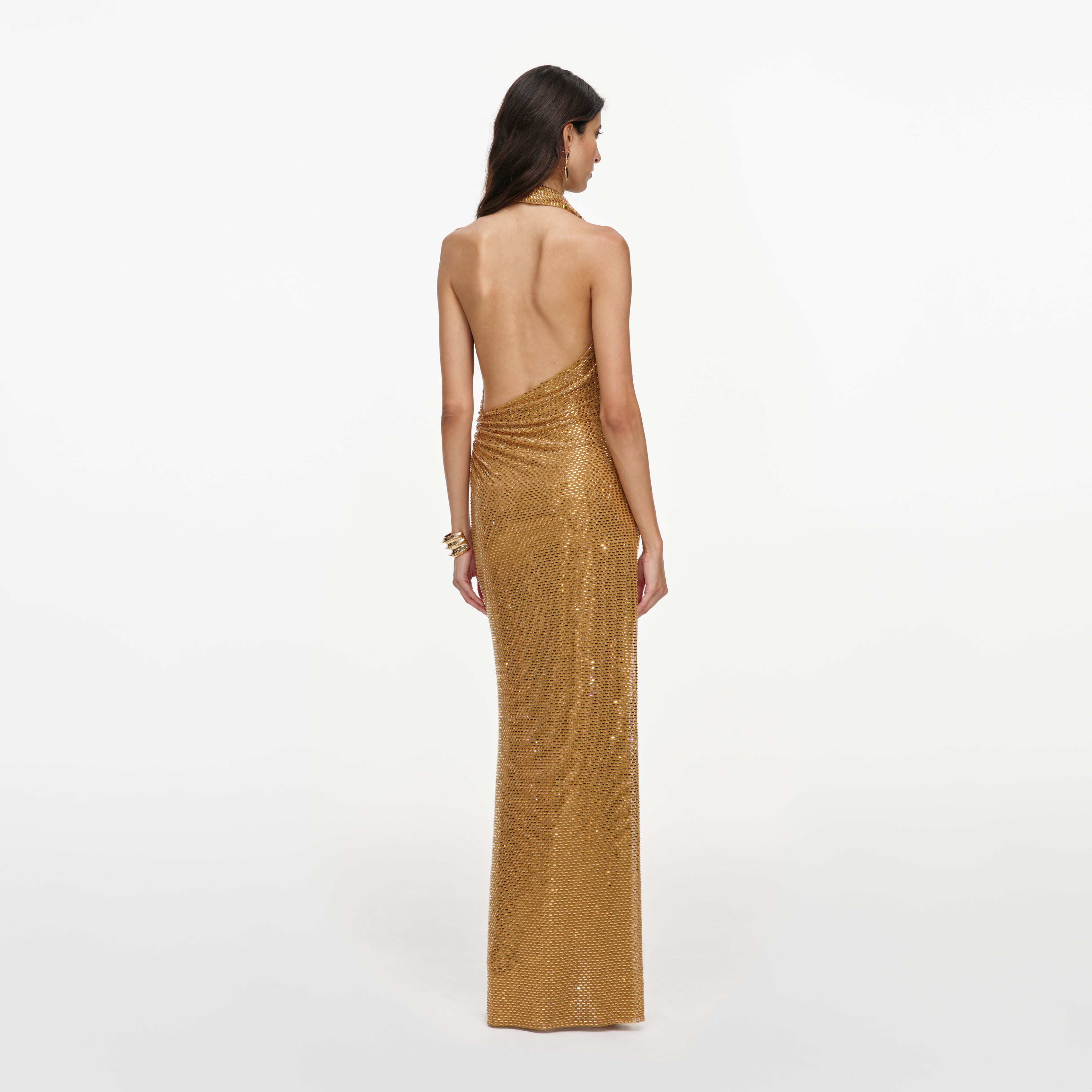 Self Portrait Gold Rhinestone Halter Maxikleid gold UK 6