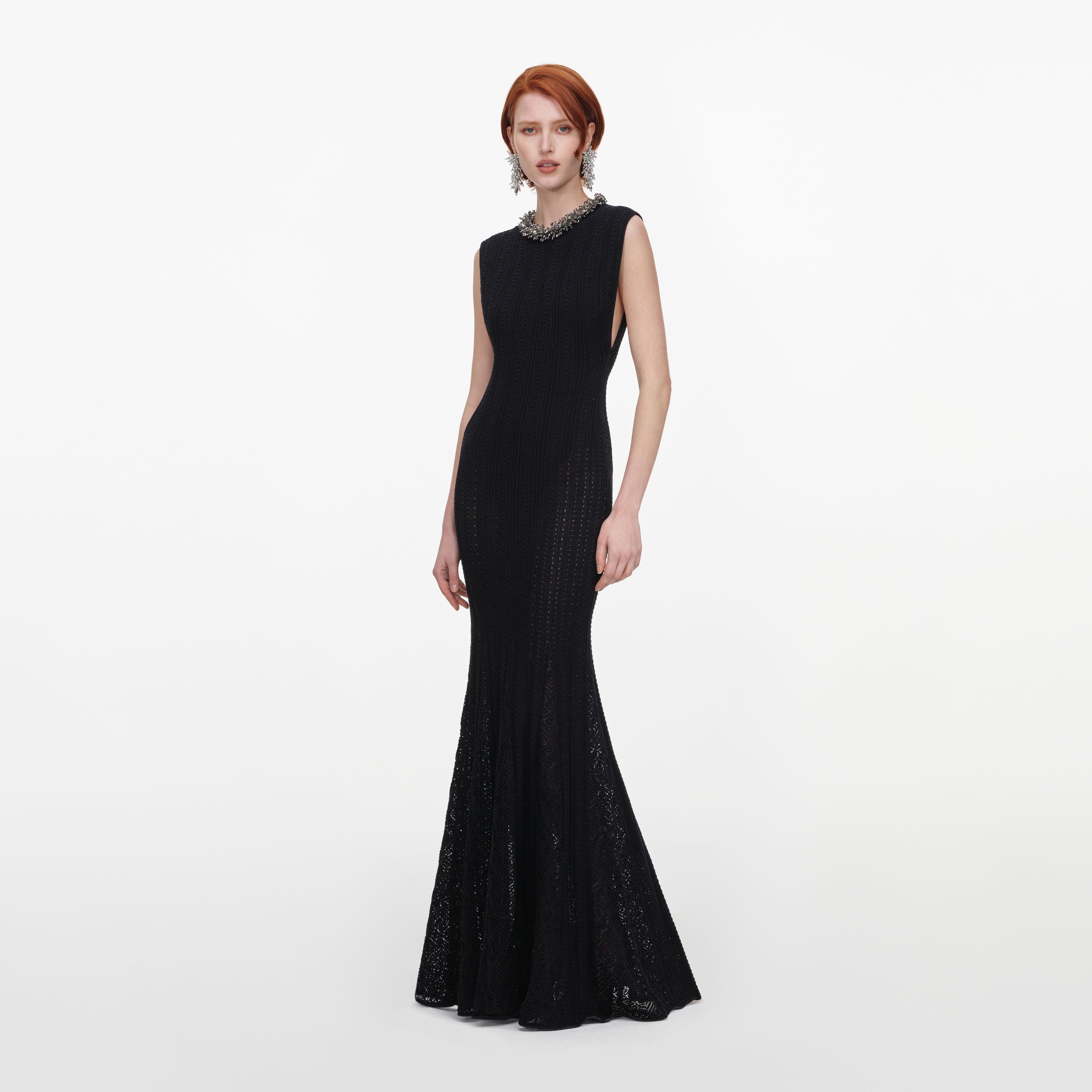 Self-Portrait Dresses Maxikleid Schwarz Pointelle Perlen
