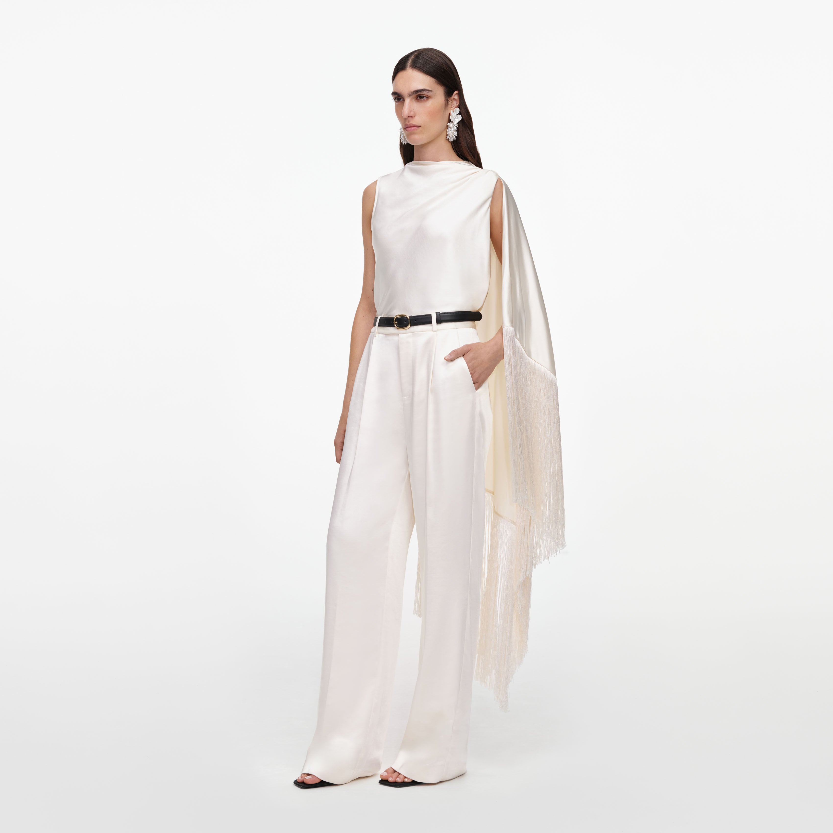 Self Portrait Tops Cream Satin Fringed Scarf Top Creme