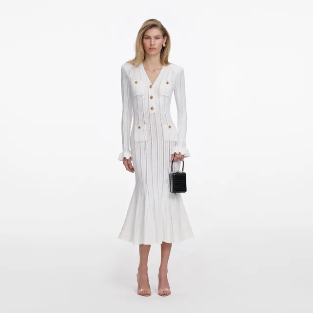 Self Portrait White Pointelle Knit Midi Kleid Weiß