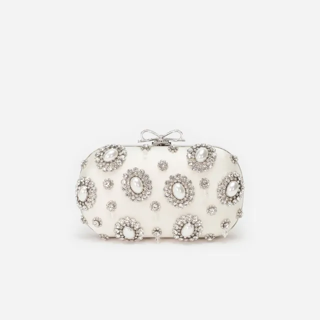 Self Portrait Satin Crystal Clutch creme Mini