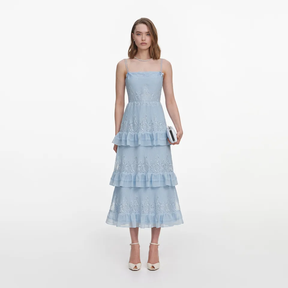 Self Portrait Chiffon Spitze Stufenkleid Midi blau UK 8