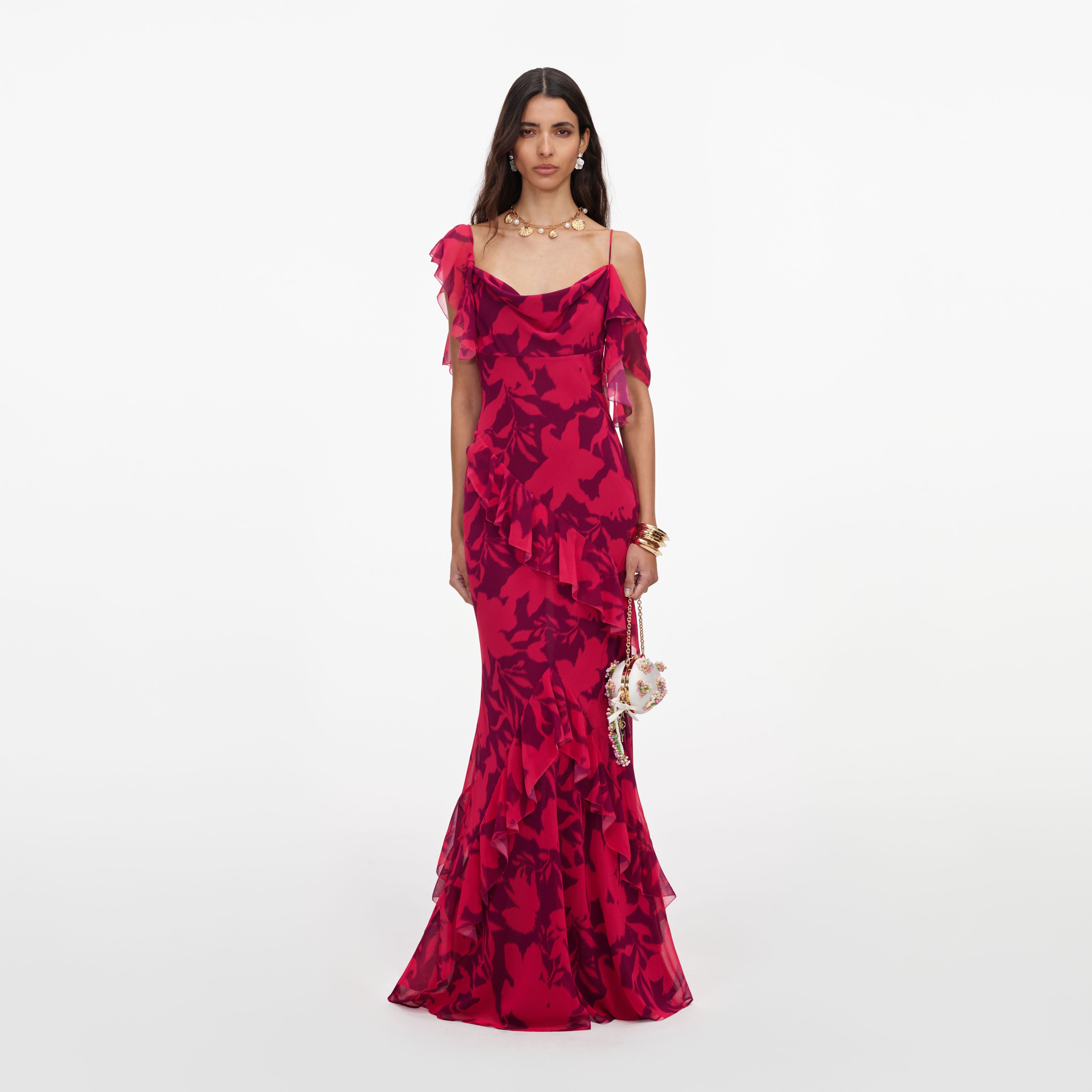 Self Portrait Floral Ruffle Maxikleid Pink Georgette UK 8
