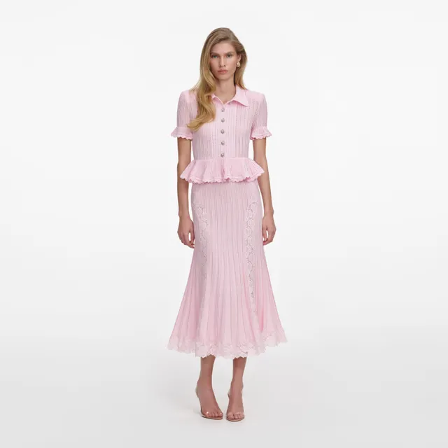 Self Portrait Pink Pointelle Peplum Knit Midi Dress Strickkleid Rosa