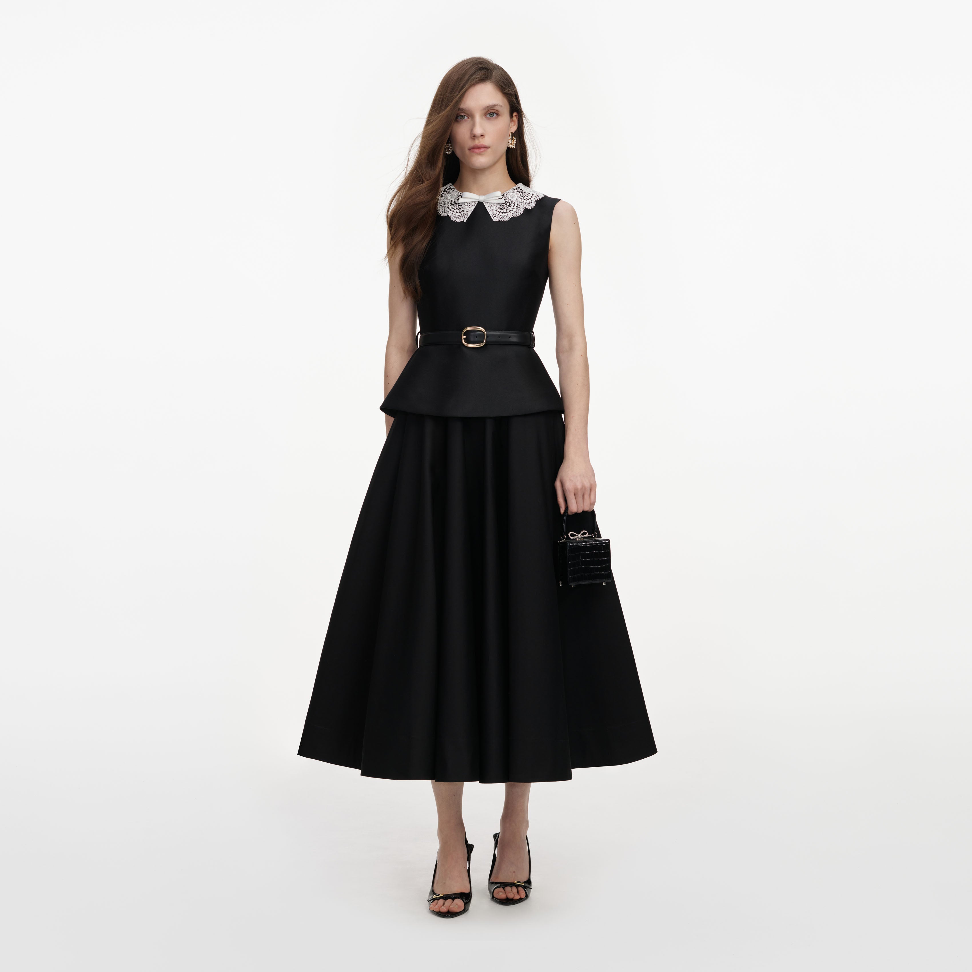 Self Portrait Black Taffeta Peplum Midi Kleid UK 8 Schwarz